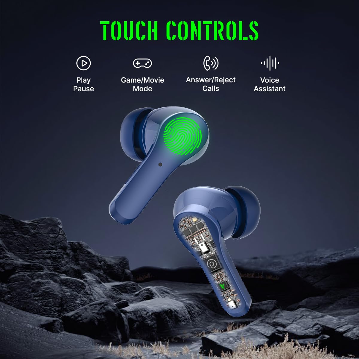 pTron Bassbuds Rogue W/ 40Ms Low-Latency Gaming,Clear Calls,50Hrs Playtime,Pristine Sound,V5.3 Bluetooth in Ear Headphones,Snug-Fit,RGB Lights,Touch Control,Voice Assist,IPX5 Water Resistant(Blue)