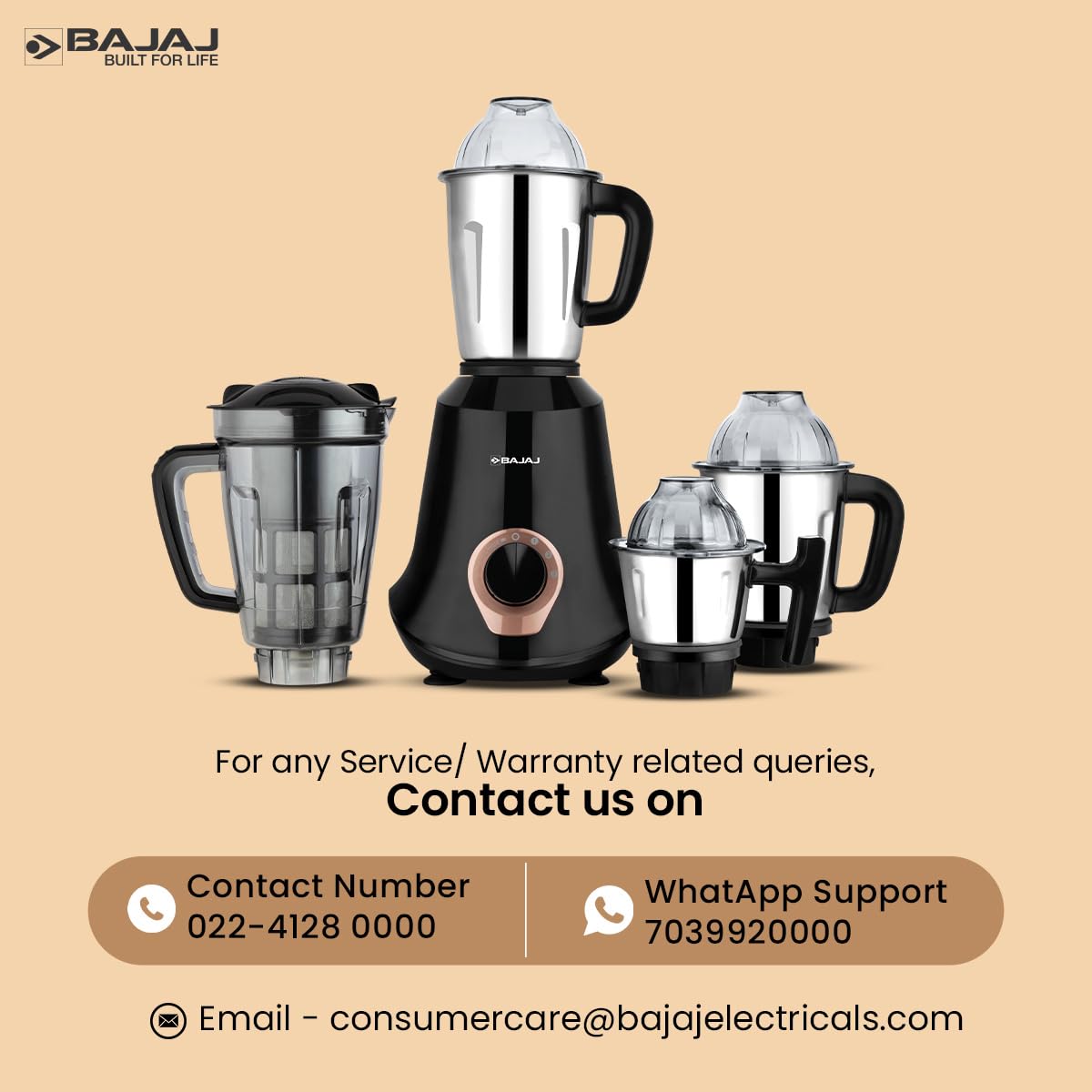 Bajaj Military Series Glamore 1000 W Mixer Grinder With 4 Jars (3 Stainless Steel Jars + 1 Fruit Filter Jar) | DuraCut Blades | Powerful Titan Motor | Unbeatable Toughness | 2 Yrs Warranty【Jet Black】