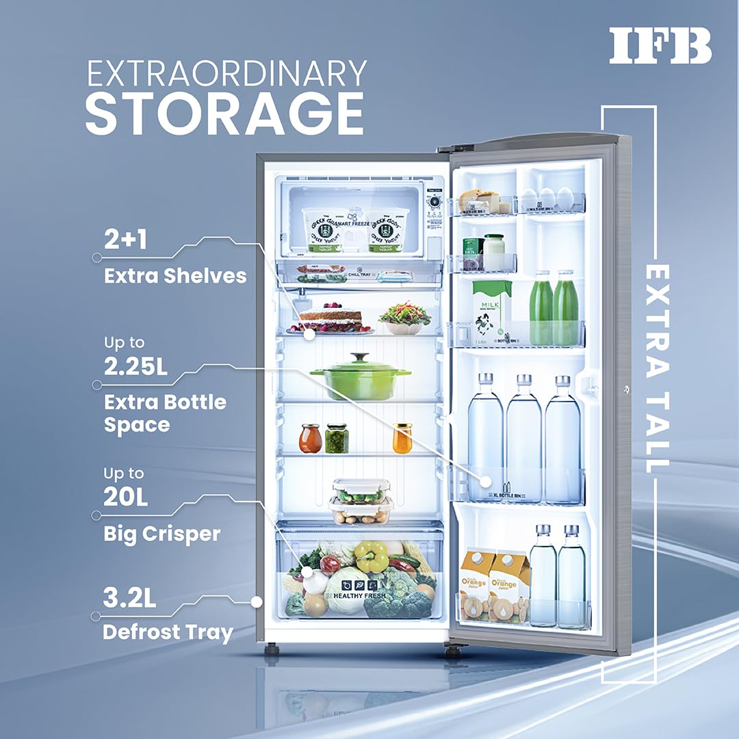 IFB 206L 5 Star Direct Cool Single Door Refrigerator (IFBDC-2325DBSE, Brush Grey, Advanced Inverter Compressor, Extraordinary Storage with Humidity Controller)