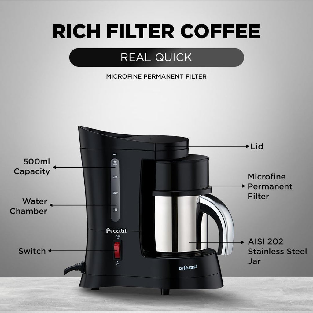 Preethi Cafe Zest Drip Coffee Maker| 450W Coffee Machine for Home | 500ml Capacity | Black (CM 210)
