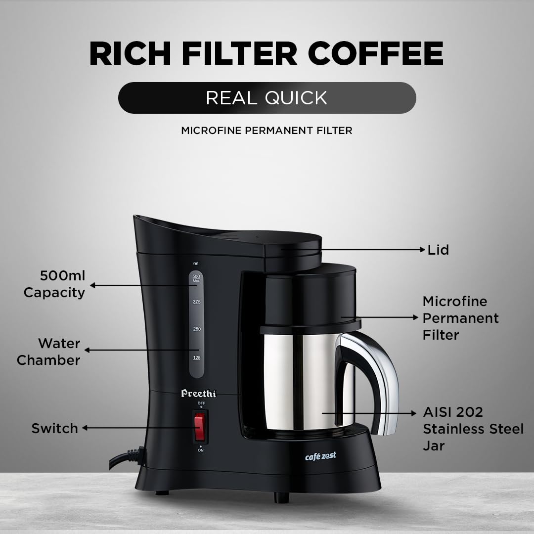 Preethi Cafe Zest Drip Coffee Maker| 450W Coffee Machine for Home | 500ml Capacity | Black (CM 210)