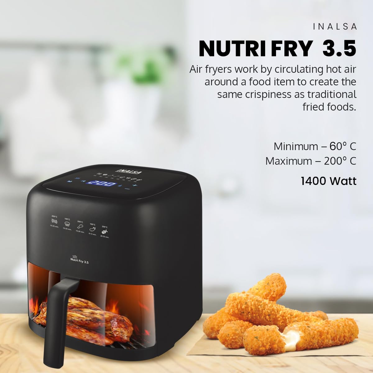 INALSA Air Fryer 3.5 ltr|1400 W with Air Crisp Technology|Temperature & Timer Control|8 Preset Menu & Digital Display|Air fry, Bake,Roast,Reheat,Dehydrate|Airfryer Recipe book-NutriFry 3.5