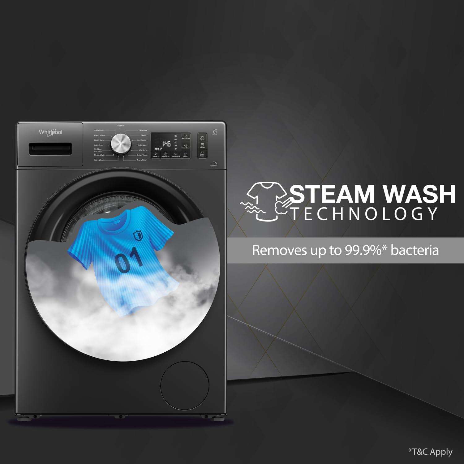 Whirlpool 7 Kg 5 Star Inverter Front Load Washing Machine with In-Built Heater (SUPREME CARE 7012 -E, Midnight Grey, 100+ Tough Stains, Steam Technology, 2025 Model)