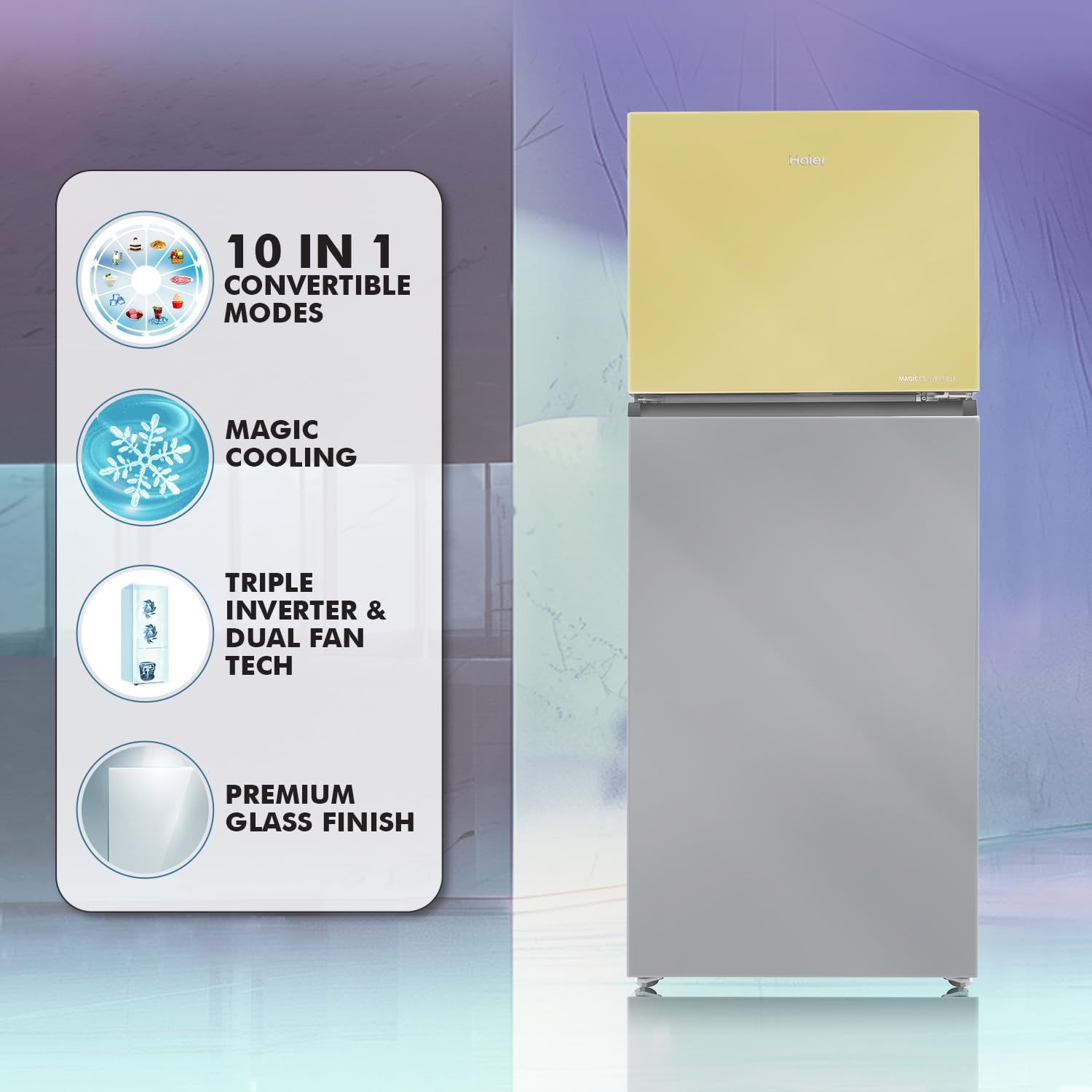 Haier 328 L, 3 Star, Convertible 10-in-1, Triple Inverter & Fan Motor Technology, Frost Free Double Door Refrigerator (HRF-3783YGG-P, Yellow Grey Glass)