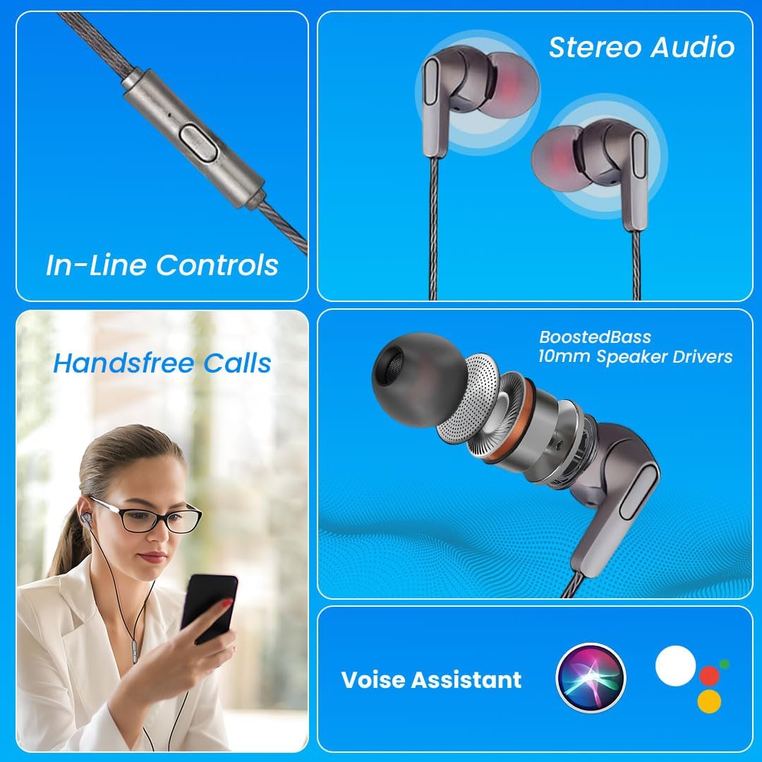 Branded Metal Type C Stereo Headphones with HD Sound Mic, in-Ear Design Super Extra Bass and Durable Brided Wired C Type Earphones, Compatible with iPhone, Android Smartphones, Tablets, (Metal Gray)