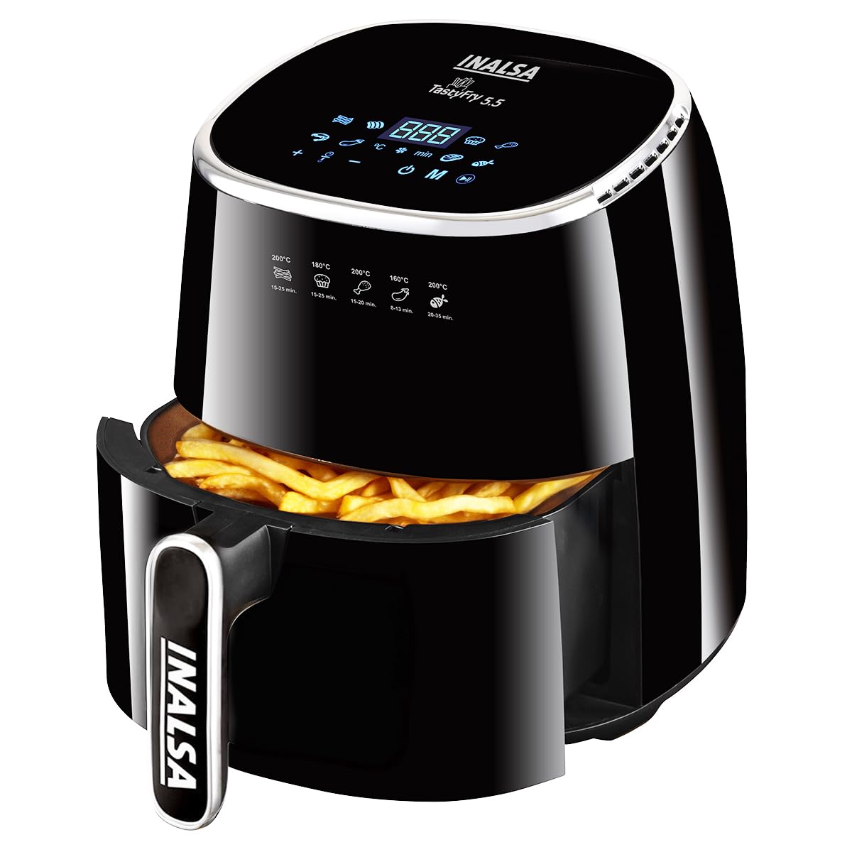 INALSA Air Fryer for Home|5.5 liter Capacity|Visible Window & Internal Light|1600 W with Smart AirCrisp Technology|6-In-1 Appliance With 8 Preset Menu & Digital Display (Tasty fry DW5.5) Black
