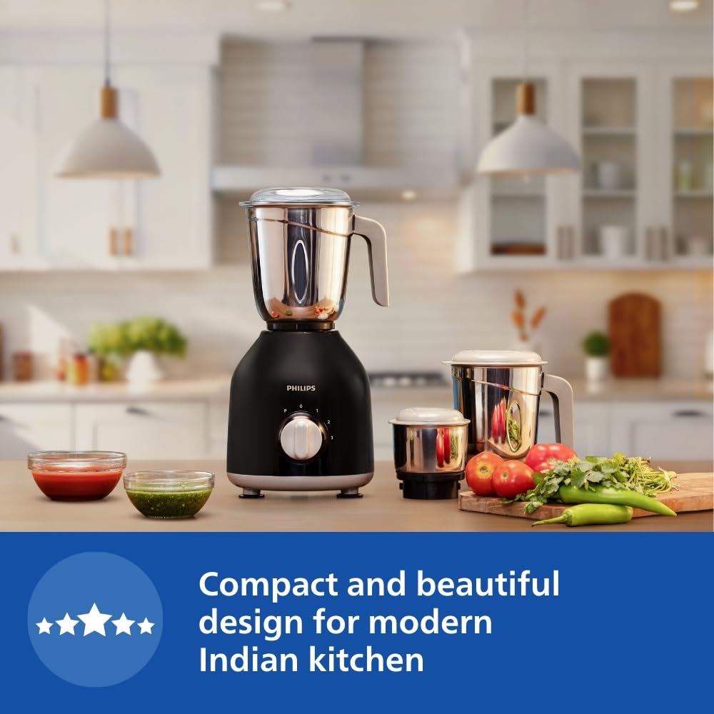 Philips HL7759/00 Mixer Grinder, 750W Turbo Motor, 4 Jars (Black), Quick cool ventilation for longer motor life