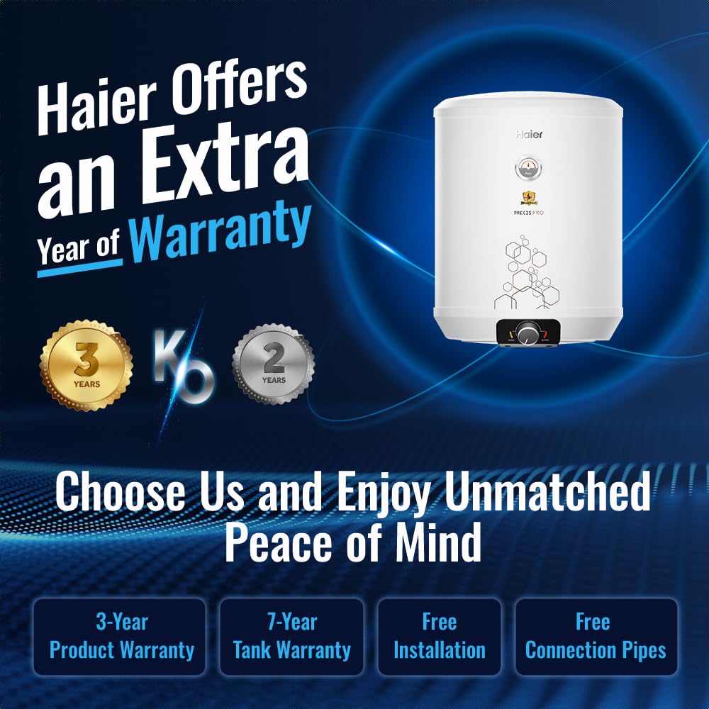 Haier Precis pro Water Geyser 15ltr 5 Star 2000W Electric Storage Geyser Free Installation & Connection Pipe| Warranty 7 Yr on Tank| Advanced PP Body| Shock Proof| Glassline Tank| 11-Level Safety