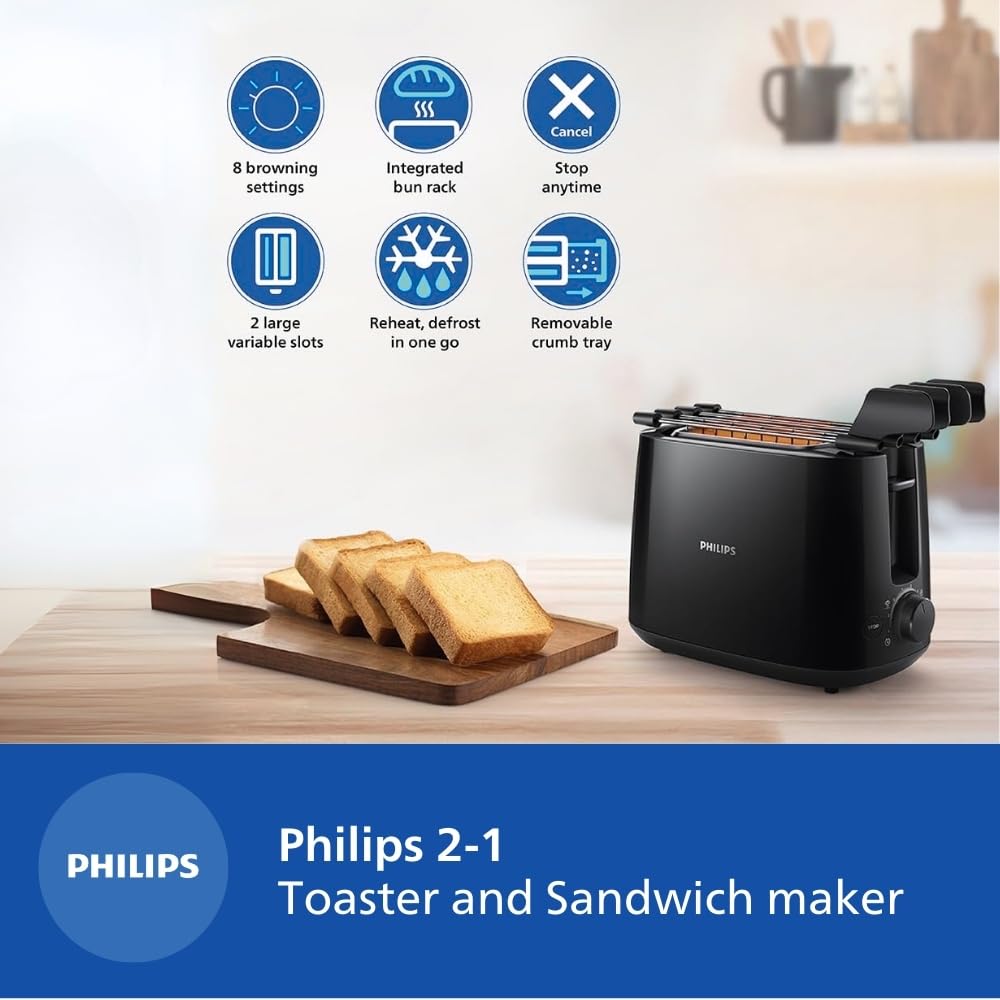 Philips Daily Collection HD2583/90 600-Watt 2 in 1 - Toaster and Sandwichmaker (Black)