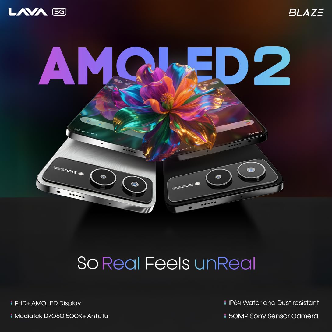 Lava Blaze AMOLED 2 5G (Feather White, 6 GB RAM, 128 GB Storage) | 6.67" FHD+ AMOLED Display | MTK D7060 Processor | 50 MP Front Camera | LPDDR5 UFS 3.1 ROM | 5000 mAh | 33W Fast Charging