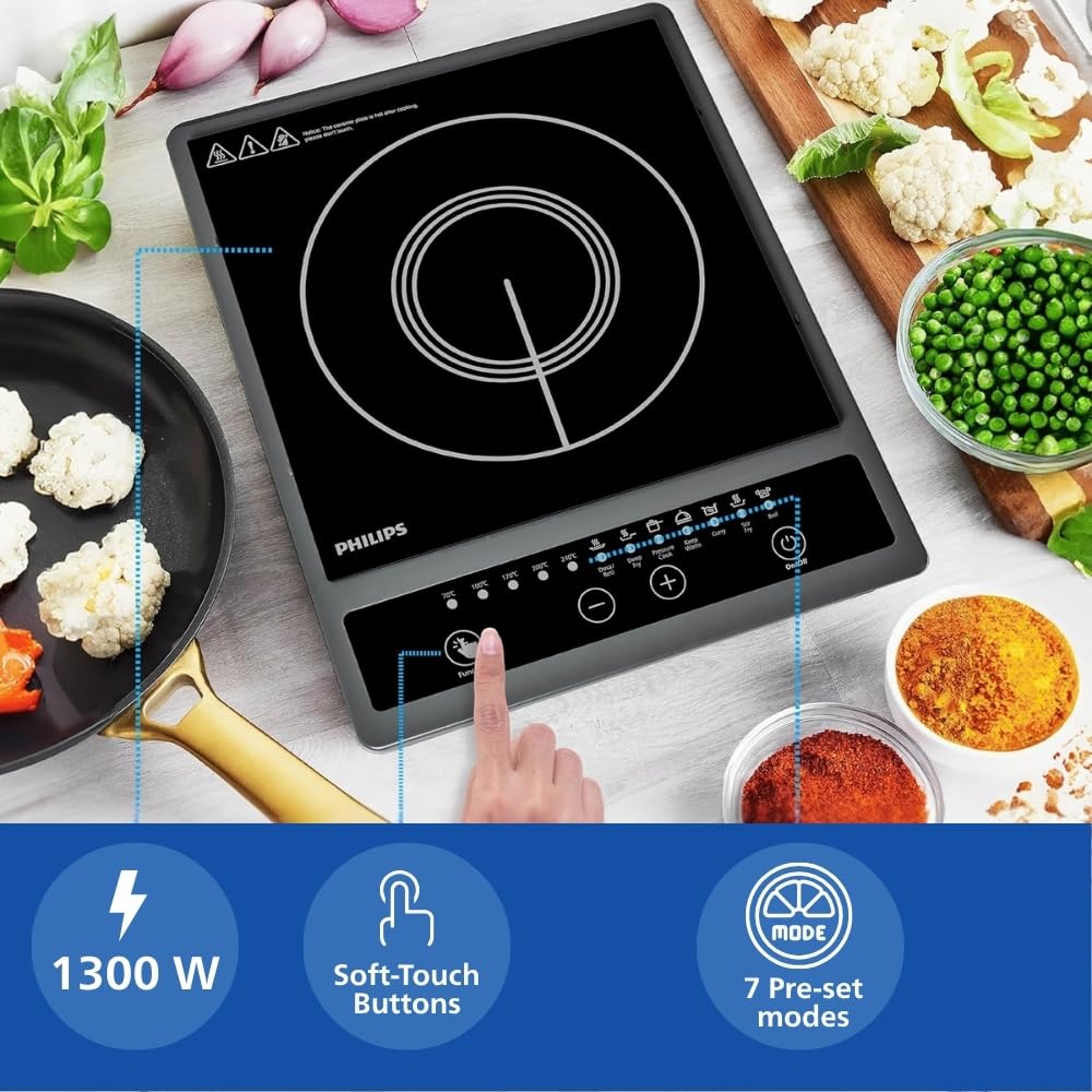 Philips HD4934/00 1300W Induction Cooktop with Triple MOV for 4kW surge protection with soft touch control | 7 Preset Menus | 3 Years warranty on Coil