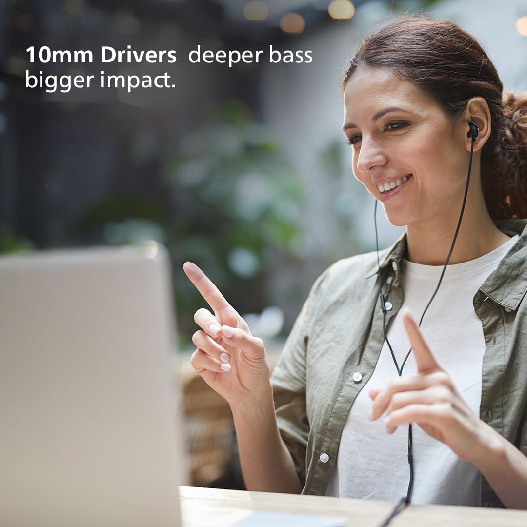 PHILIPS Audio TAE1159BK/00 in-Ear Wired Earphones with C-Type Jack, 10mm Drivers, Inline Mic, Powerful Bass and Clear Sound, Tangle Free 1.2m Cable and 3 x Inter Changeable Ear Tips (Black)