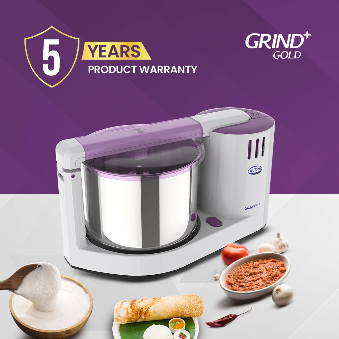 Ultra Grind+ Gold 2 Litre Table Top Wet Grinder - White | Fast Grinding Conical Stones, 150W Motor & 5 Years Warranty | AISI 304 Food-Grade SS Multi Utility Cylindrical Drum, Light Weight