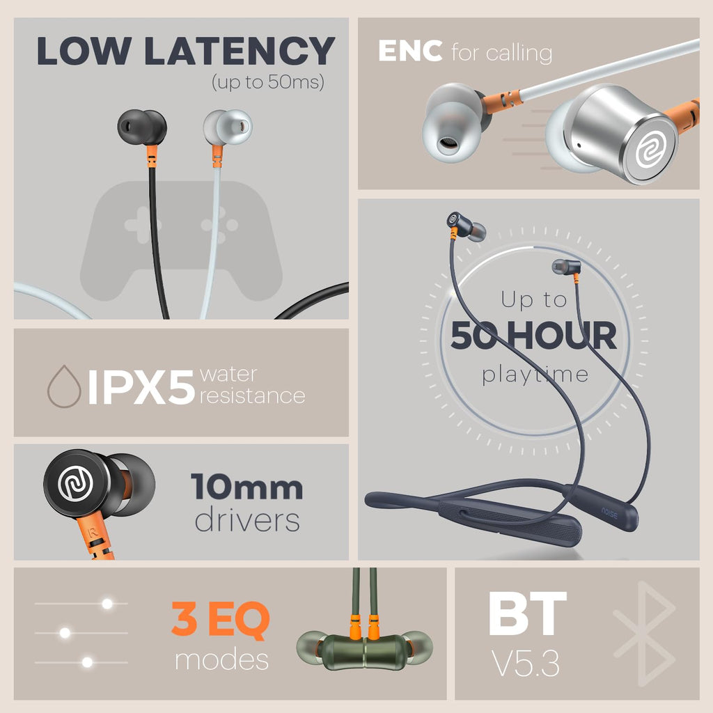 Noise Airwave Bluetooth in Ear Neckband with 50H of Playtime, 3 EQ Modes, ENC for Calling, Low Latency(Upto 50ms), 10mm Driver, BT v5.3(Ice Blue)