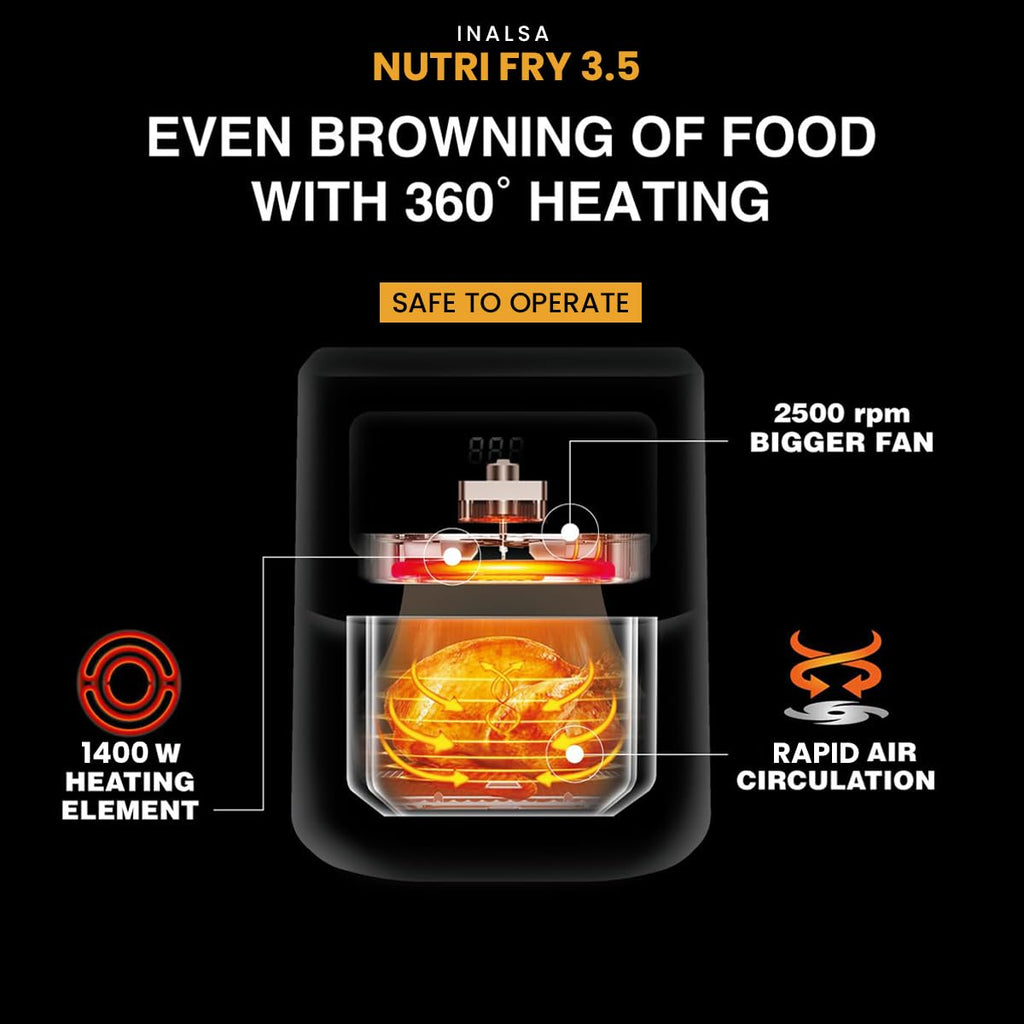 INALSA Air Fryer 3.5 ltr|1400 W with Air Crisp Technology|Temperature & Timer Control|8 Preset Menu & Digital Display|Air fry, Bake,Roast,Reheat,Dehydrate|Airfryer Recipe book-NutriFry 3.5
