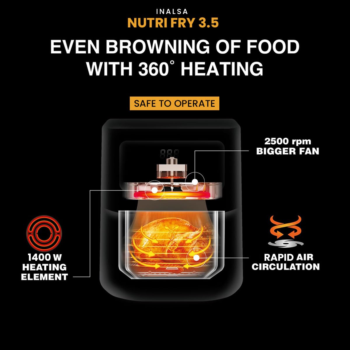 INALSA Air Fryer 3.5 ltr|1400 W with Air Crisp Technology|Temperature & Timer Control|8 Preset Menu & Digital Display|Air fry, Bake,Roast,Reheat,Dehydrate|Airfryer Recipe book-NutriFry 3.5