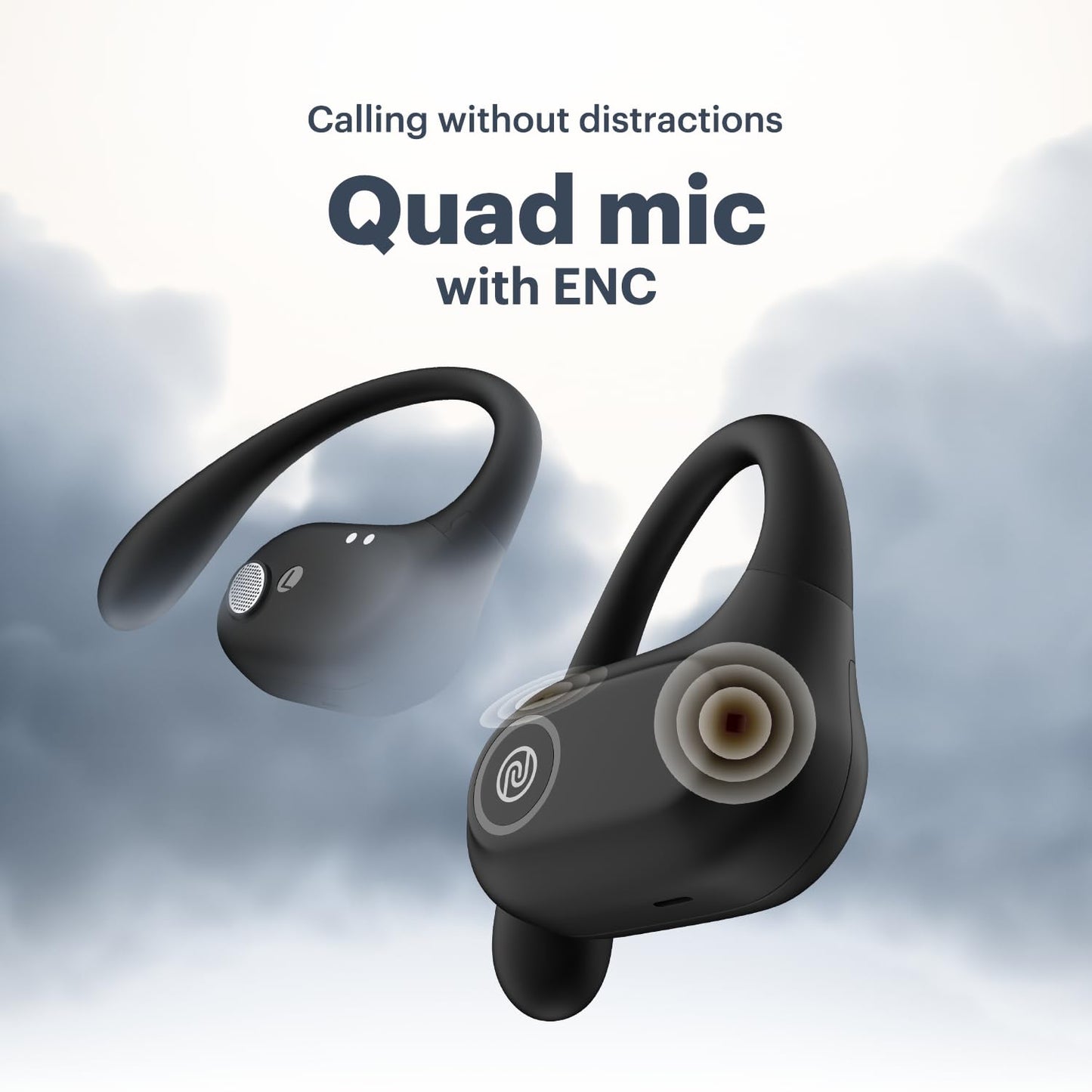 Noise Pure Pods Wireless Open Ear Earbuds with AirWave™ Technology,Up-to 80H Playtime,Quad Mic with ENC,16mm Neodymium Dynamic Driver,Detachable Pure Band,BTv5.3 (Power Black)