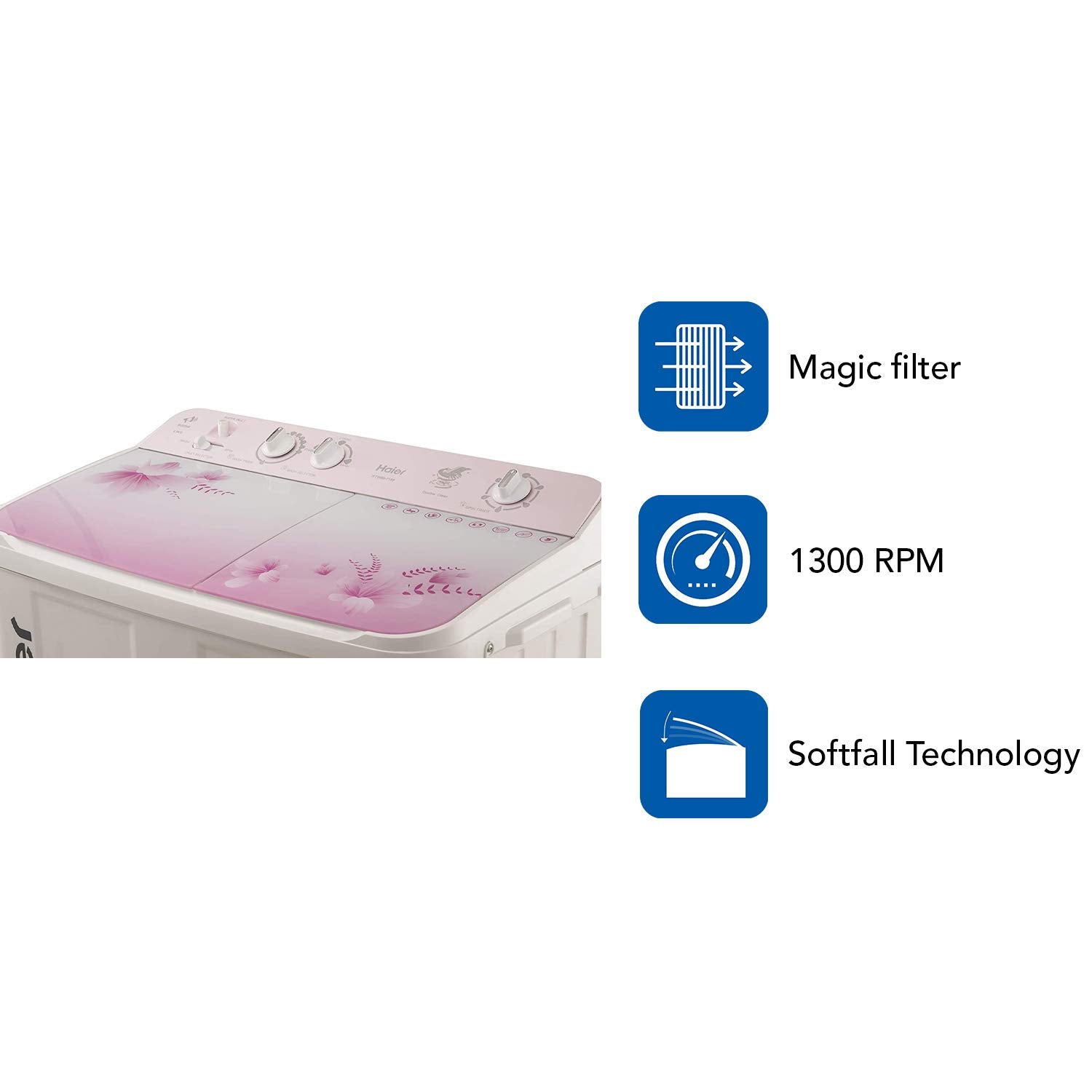 Haier 9 Kg 5 Star Anti-Bacterial Vortex Pulsator Semi Automatic Top Load Pink (HTW90-1159FL, White, Toughened Glass)