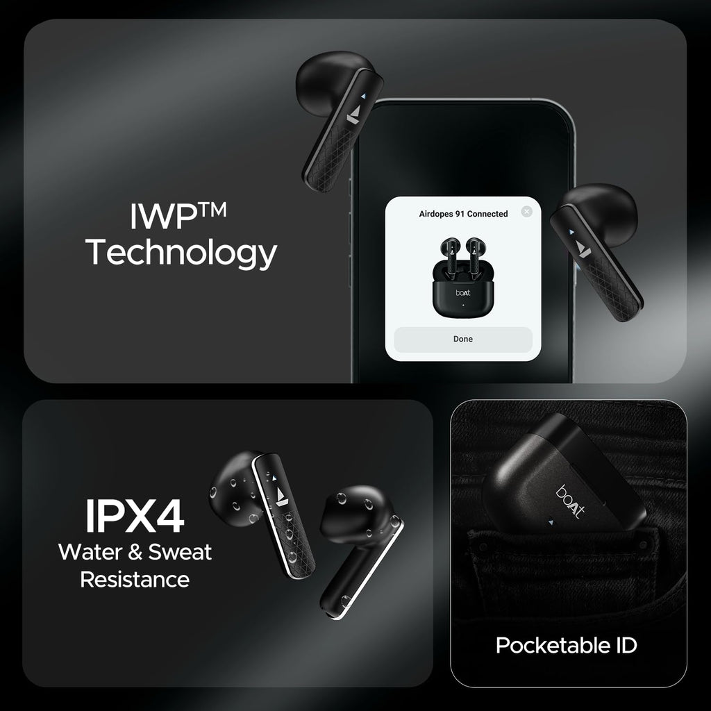 boAt Airdopes 91 Prime, 45HRS Battery, 13mm Drivers, Metallic Finish, Low Latency,ENx Tech, Fast Charge, v5.3 Bluetooth TWS in Ear Earbuds Wireless Earphones with mic (Midnight Black)