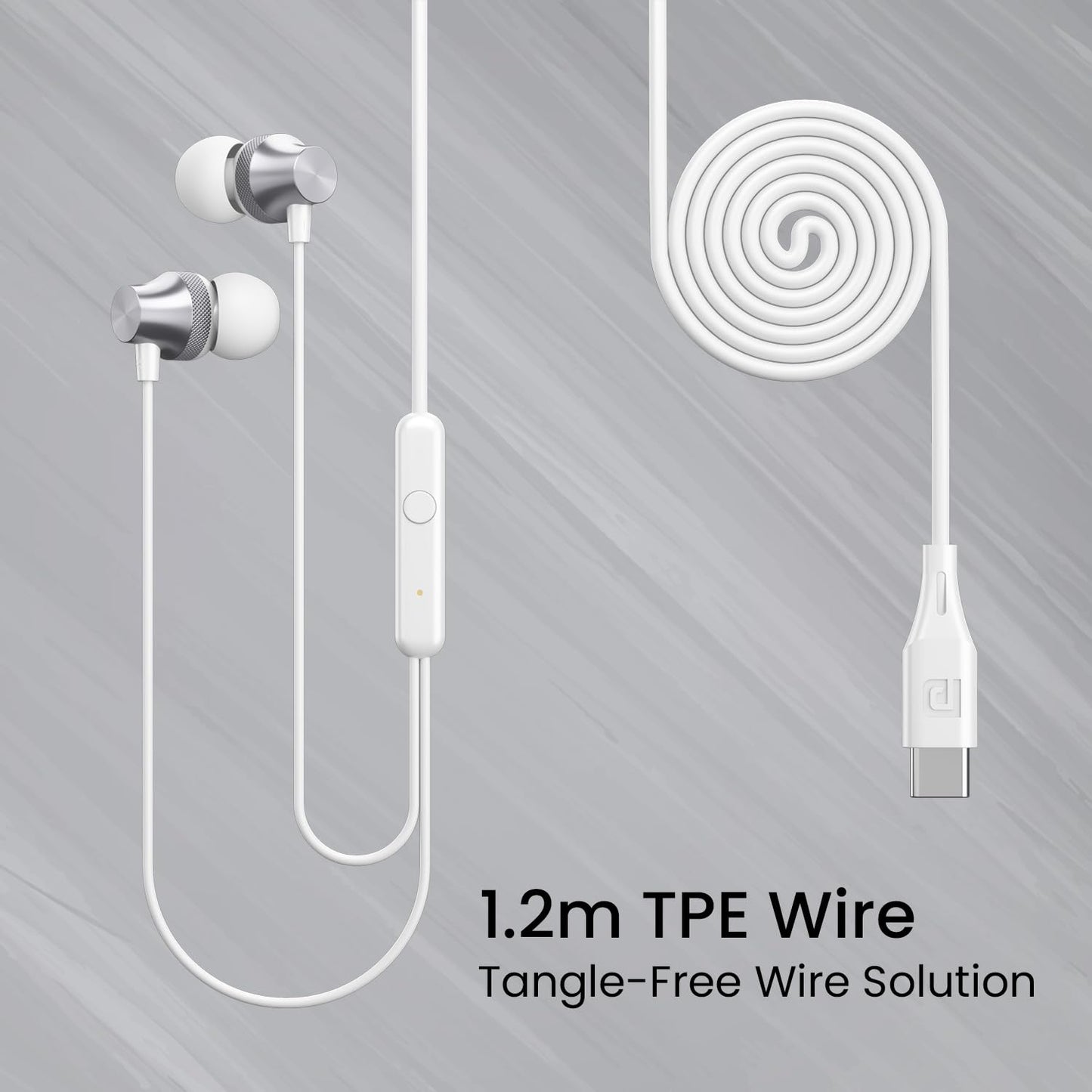 Portronics Conch Beat C in Ear Wired Earphones with Mic, Type C Audio Jack, 10mm Driver, 1.2m TPE Anti Tangle Wire, in line Mic Controls, Powerful Audio, Metal Alloy Body, Wide Compatibility(Silver)