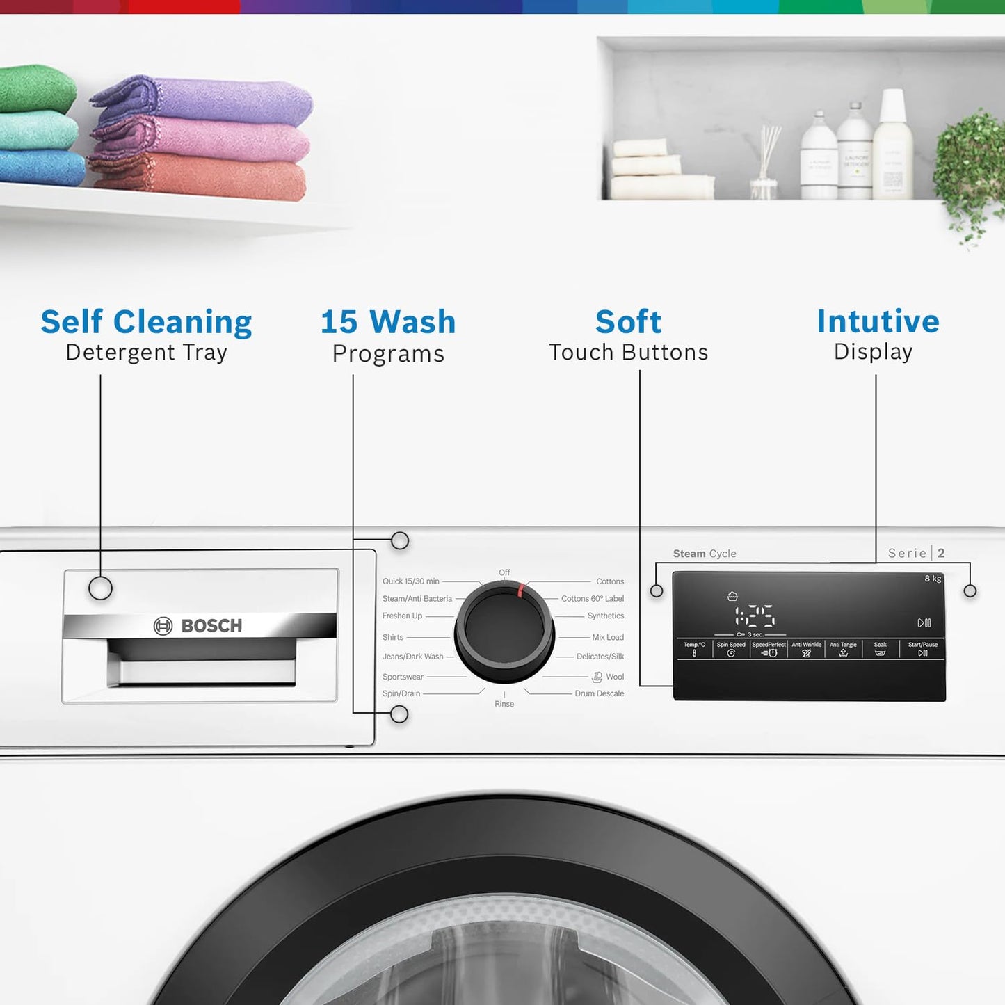 Bosch 8 kg, 5 Star, AI Active Water+, Anti-Tangle, Steam Anti Bacteria, Anti-Wrinkle Fully-Automatic Front Loading Washing Machine (WAJ28260IN, Reload Function, In-Built Heater, White)