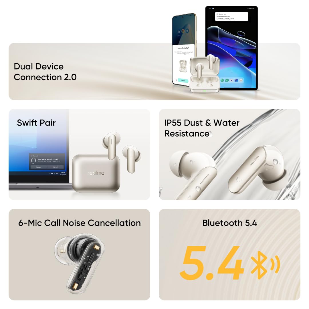 realme Buds Air 7,12.4mm Dynamic Bass Drivers,52Hrs Playtime,52dB Hybrid ANC,6 Mic ENC,45ms Low Latency,360° Spatial Audio,Hi-Res LHDC,IP55 Dust & Water Resistant,True Wireless TWS BT v5.4(Ivory Gold)