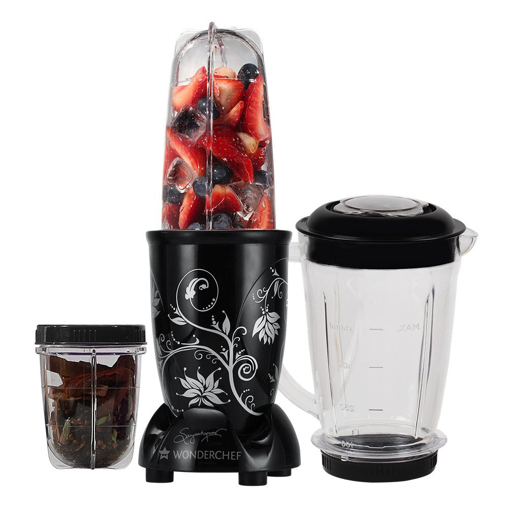 Wonderchef Nutri-blend Juicer, Mixer, Grinder, Blender & Smoothie Maker|500W 22000 RPM 100% Full Copper Motor | Stainless steel Blades | 3 unbreakable jars | Recipe book by Chef Sanjeev Kapoor | Black