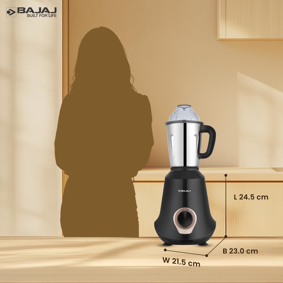 Bajaj Military Series Glamore 1000 W Mixer Grinder With 4 Jars (3 Stainless Steel Jars + 1 Fruit Filter Jar) | DuraCut Blades | Powerful Titan Motor | Unbeatable Toughness | 2 Yrs Warranty【Jet Black】