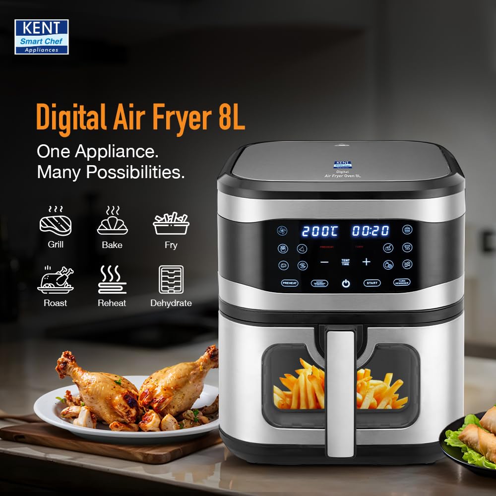 KENT Digital Air Fryer 8L | 1700W | Bake, Grill & Roast | Up to 80% Less Oil Usage | 7 Preset Menu | Digital Display & Touch Control Panel | Glass Window with in built Light | Auto Cut-Off Silver