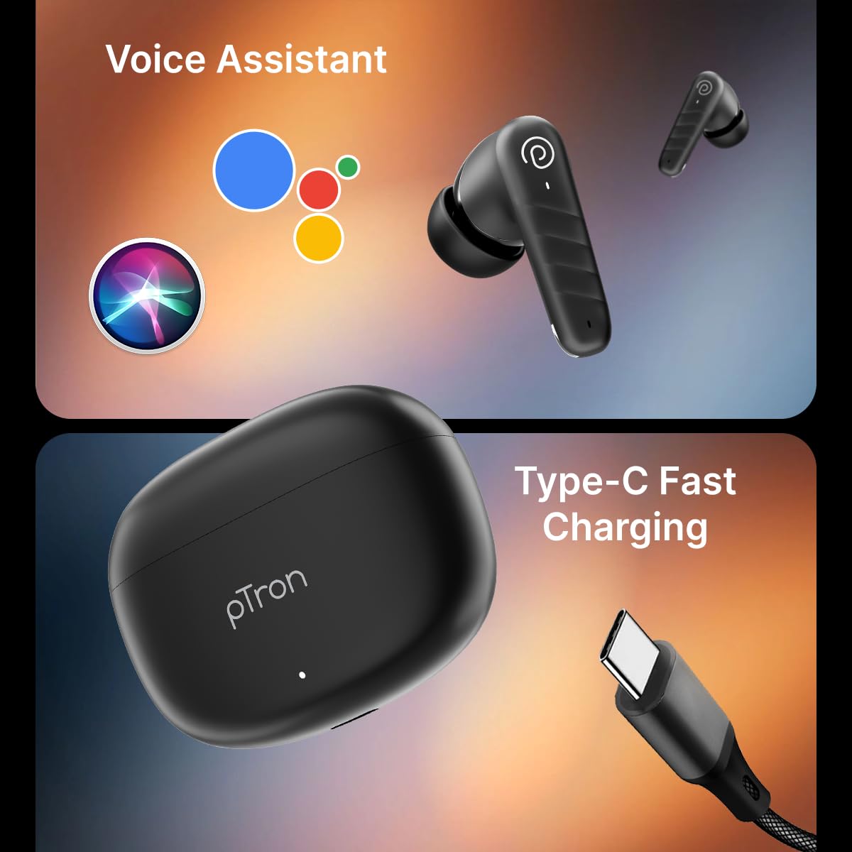 pTron Bassbuds Spark in-Ear TWS Earbuds with Stereo Sound, 40Hrs Playtime, Stereo Calls, Bluetooth V5.3 Headphones with Quick Pairing, Touch Control, Voice Assistant, Type C Charging & IPX5 (Black)