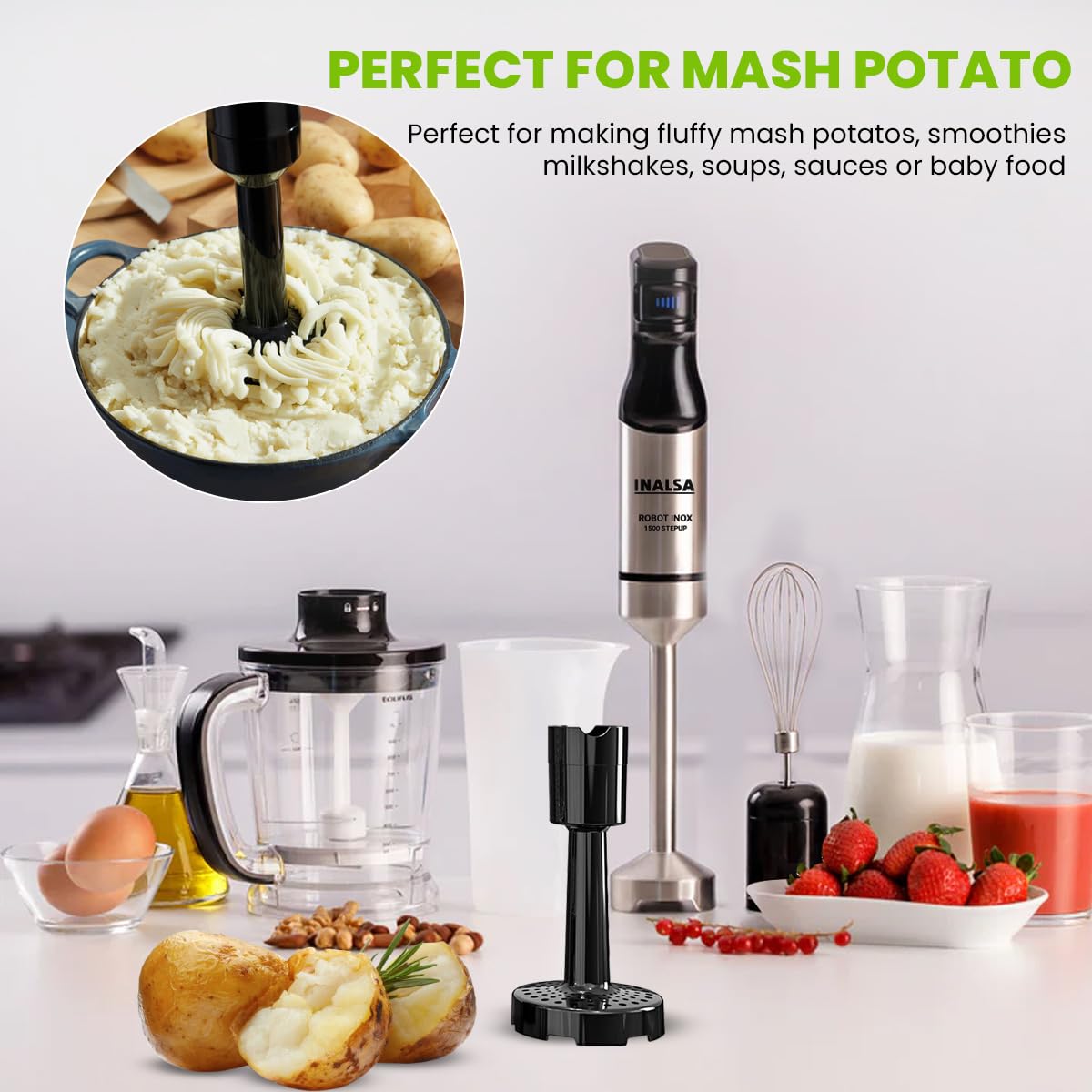 INALSA Hand Blender 1500 W|Silent DC Copper Motor|European Stepless Variable Speed Design| X.Large 1L Chopper|Unique Potato Masher| Detachable| Stainless Steel-Robot INOX 1500 StepUp