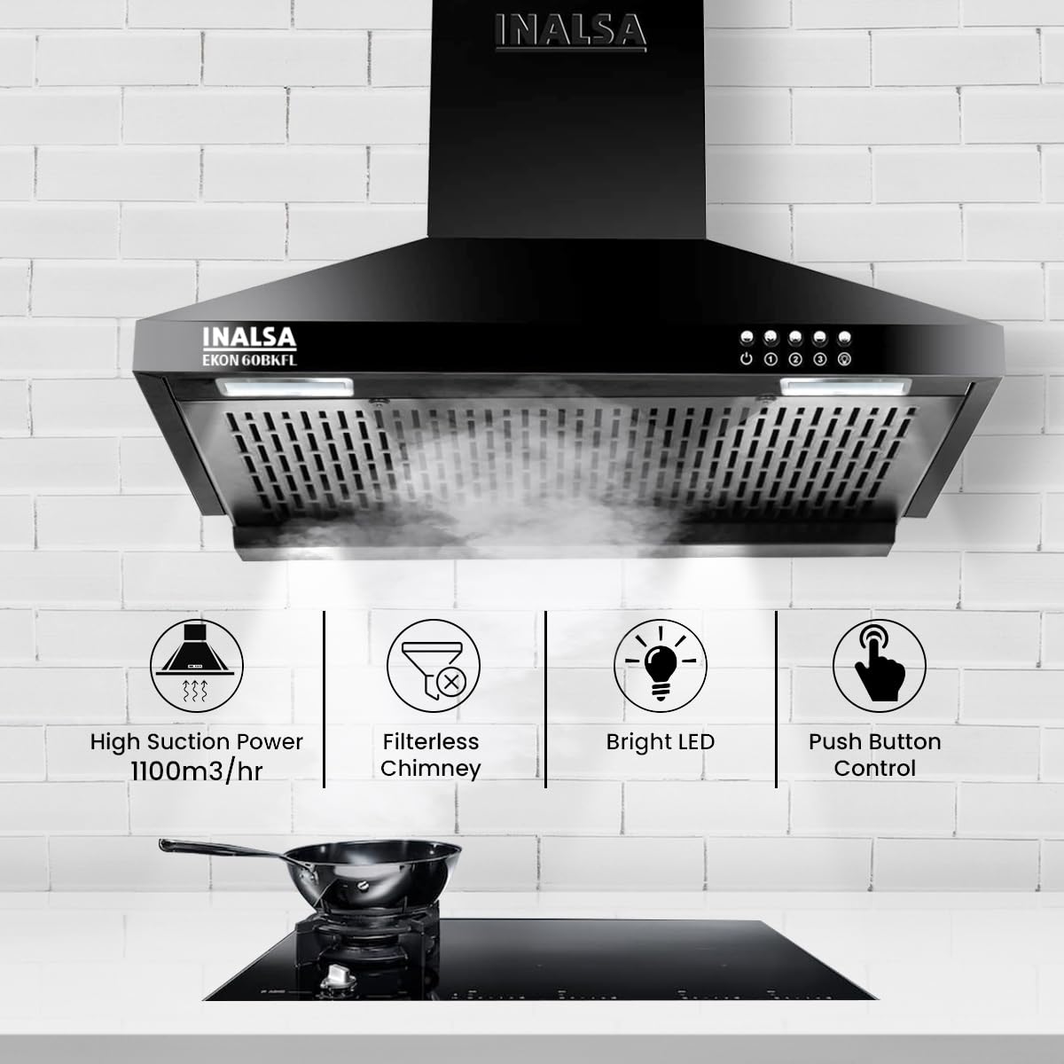 INALSA EKON 60cm 1100 m³/hr Pyramid Kitchen Chimney With Elegant Look|Push Button Control|Efficient Dual LED Lamps & Filterless|5 Year Warranty on Motor ( EKON 60BKFL, Black)