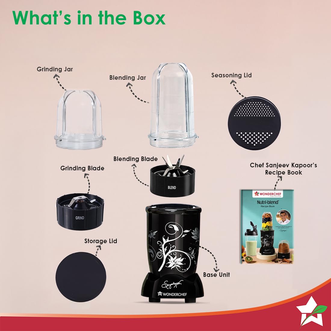 Wonderchef Nutri-blend 500W Mixer Grinder, 22000 RPM Motor, Smoothie Maker, Masala Grinder, Chutney Blender, 3 Unbreakable Jars, Recipe Book by Chef Sanjeev Kapoor, 2 Yr Warranty, Black