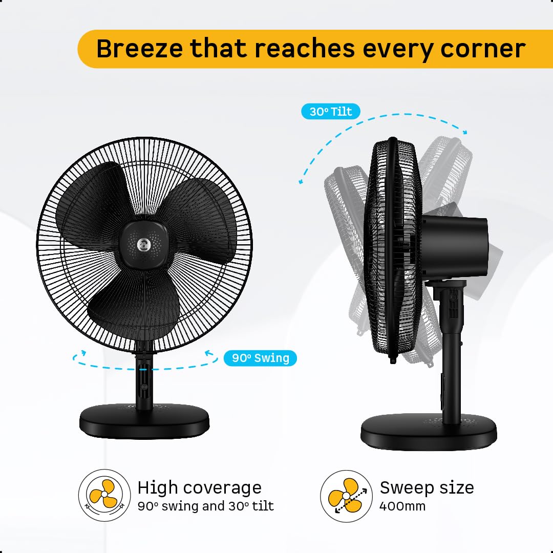 atomberg Renesa 400mm Table Fan | Ideal for Home & Office| Silent BLDC Stand Fan | LED Display | 6 Speeds | 35W | Remote with Oscillation, Timer, Sleep | Easy to Clean|2 Years Warranty (Black)