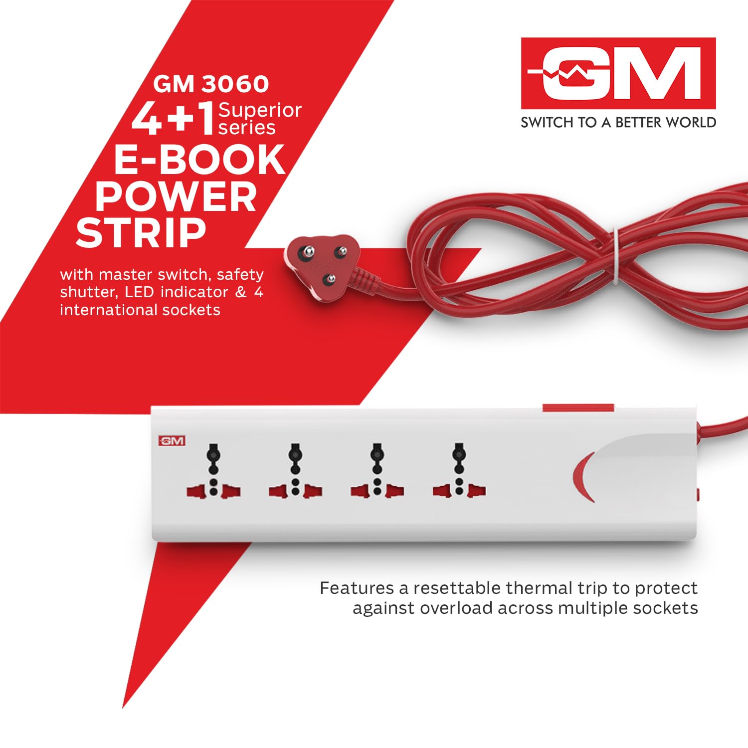 GM 3060 Extension Board 10Amp Output 250 Volts with 2 Mtr Extension Cord & Surge Protector | Master Switch, Safety Shutter, 4 International Sockets | Multi Plug Travel Adapter for Home Appliances