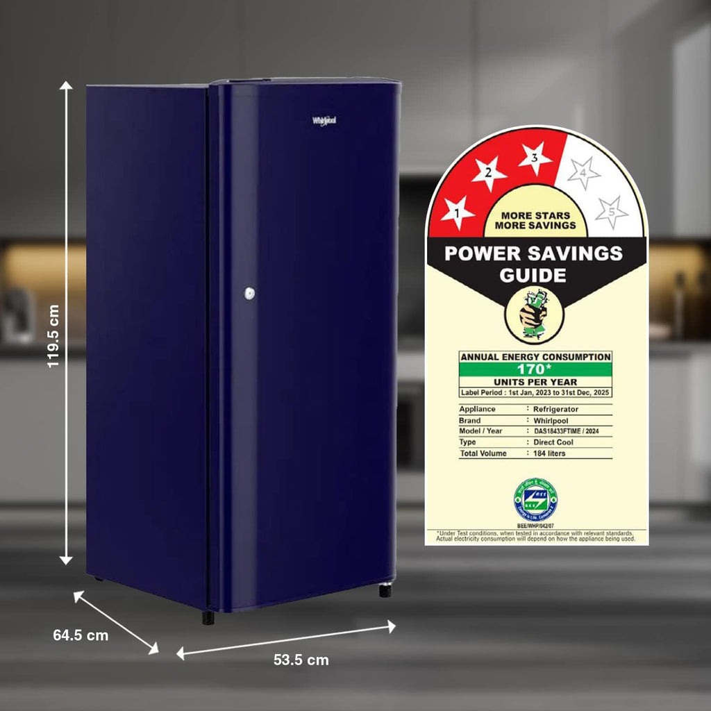 Whirlpool 184 L 3 Star Direct-Cool Single Door Refrigerator (205 WDE CLS 3S SAPPHIRE BLUE-Z, Blue, 2023 Model)