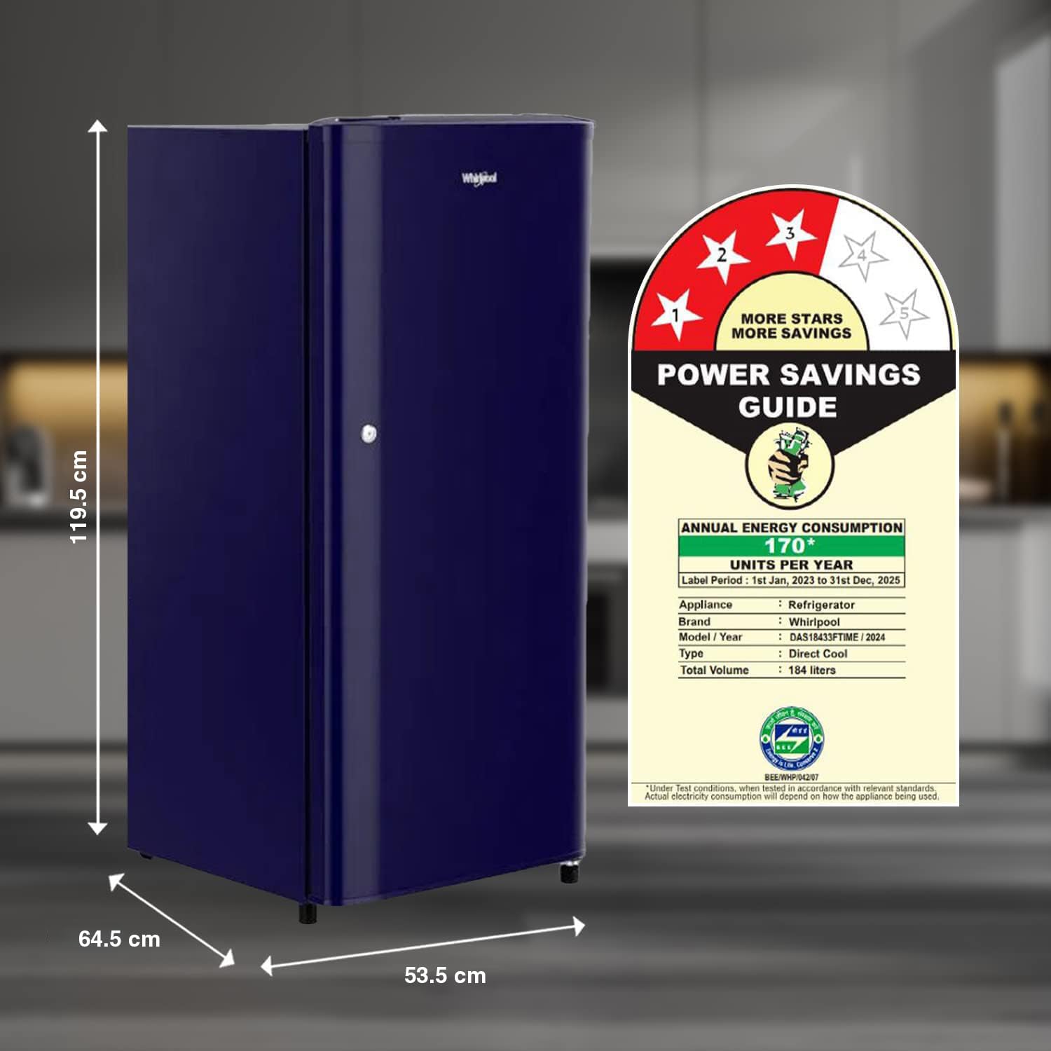 Whirlpool 184 L 3 Star Direct-Cool Single Door Refrigerator (205 WDE CLS 3S SAPPHIRE BLUE-Z, Blue, 2023 Model)