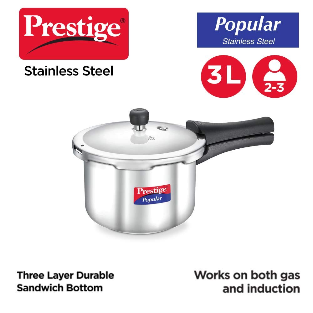 Prestige Popular Stainless Steel Outer Lid Pressure Cooker, 3 Litres, Silver