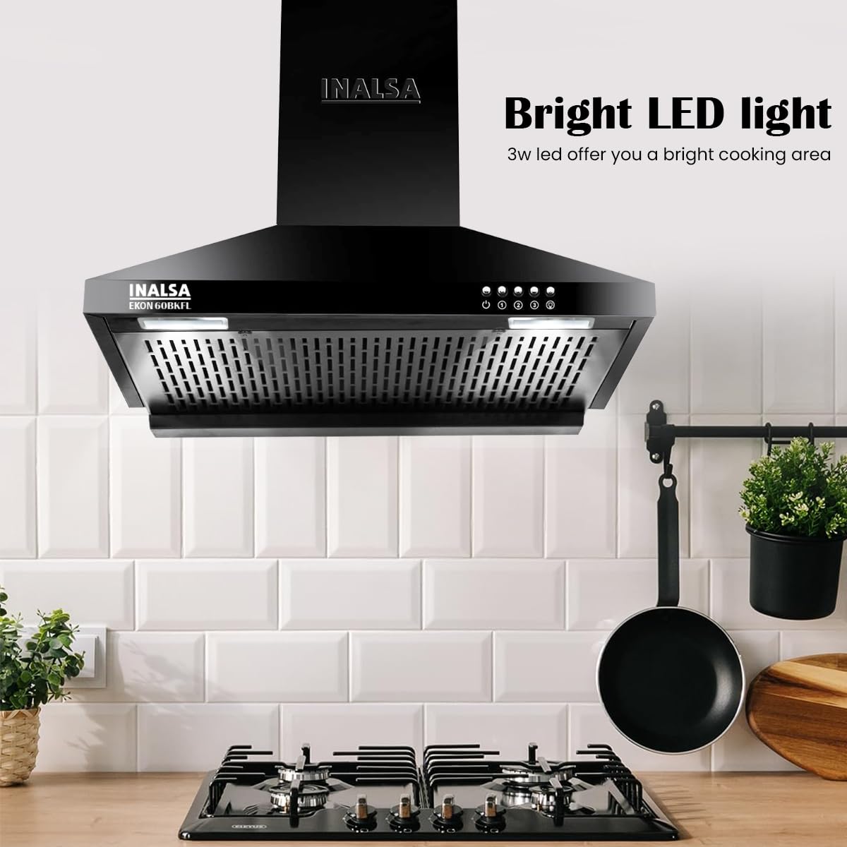 INALSA EKON 60cm 1100 m³/hr Pyramid Kitchen Chimney With Elegant Look|Push Button Control|Efficient Dual LED Lamps & Filterless|5 Year Warranty on Motor ( EKON 60BKFL, Black)