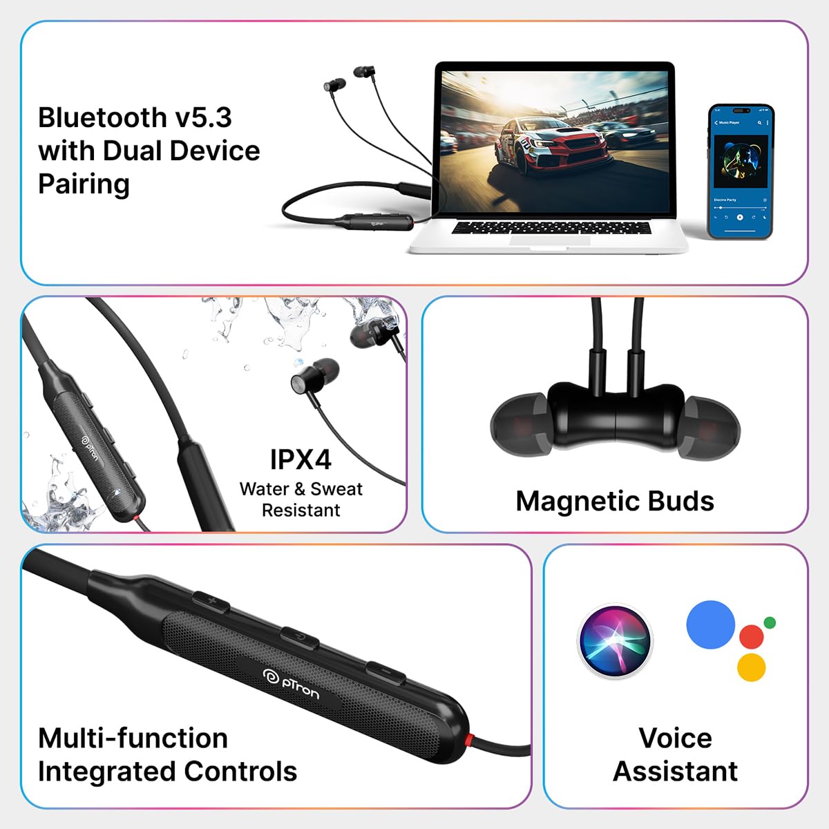 pTron Newly Launched Tangent Evolve w/ 50Hrs Playtime, HD Mic, Pristine Sound, Bluetooth V5.3 with Dual-Device Pairing Wireless Neckband, Voice Assistant, Type-C Fast Charging & IPX4 (Black)
