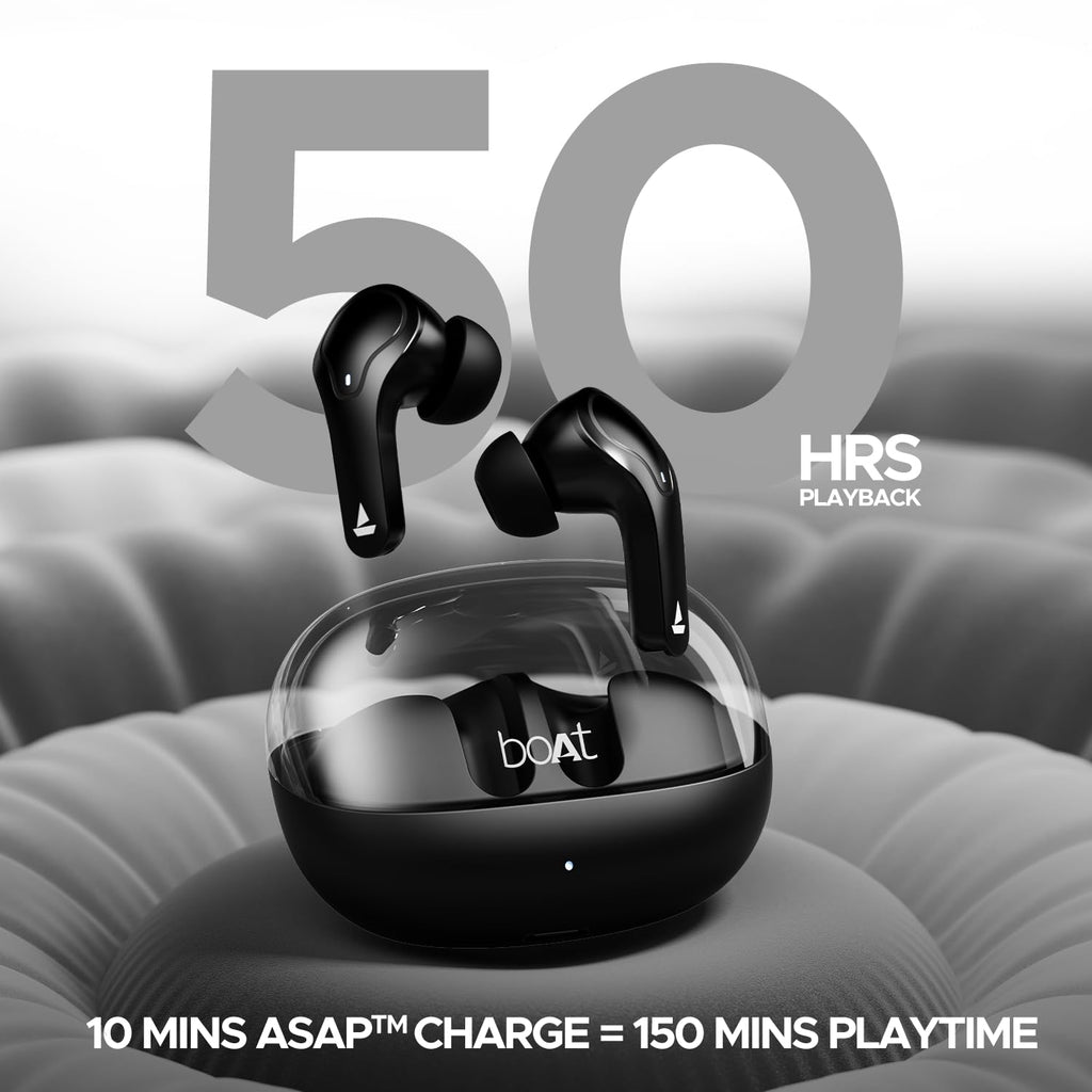 boAt Airdopes 311 Pro, 50HRS Battery, Fast Charge, Dual Mics ENx Tech, Transparent LID, Low Latency, IPX4, IWP Tech, v5.3 Bluetooth Earbuds, TWS Ear Buds Wireless Earphones with mic (Active Black)