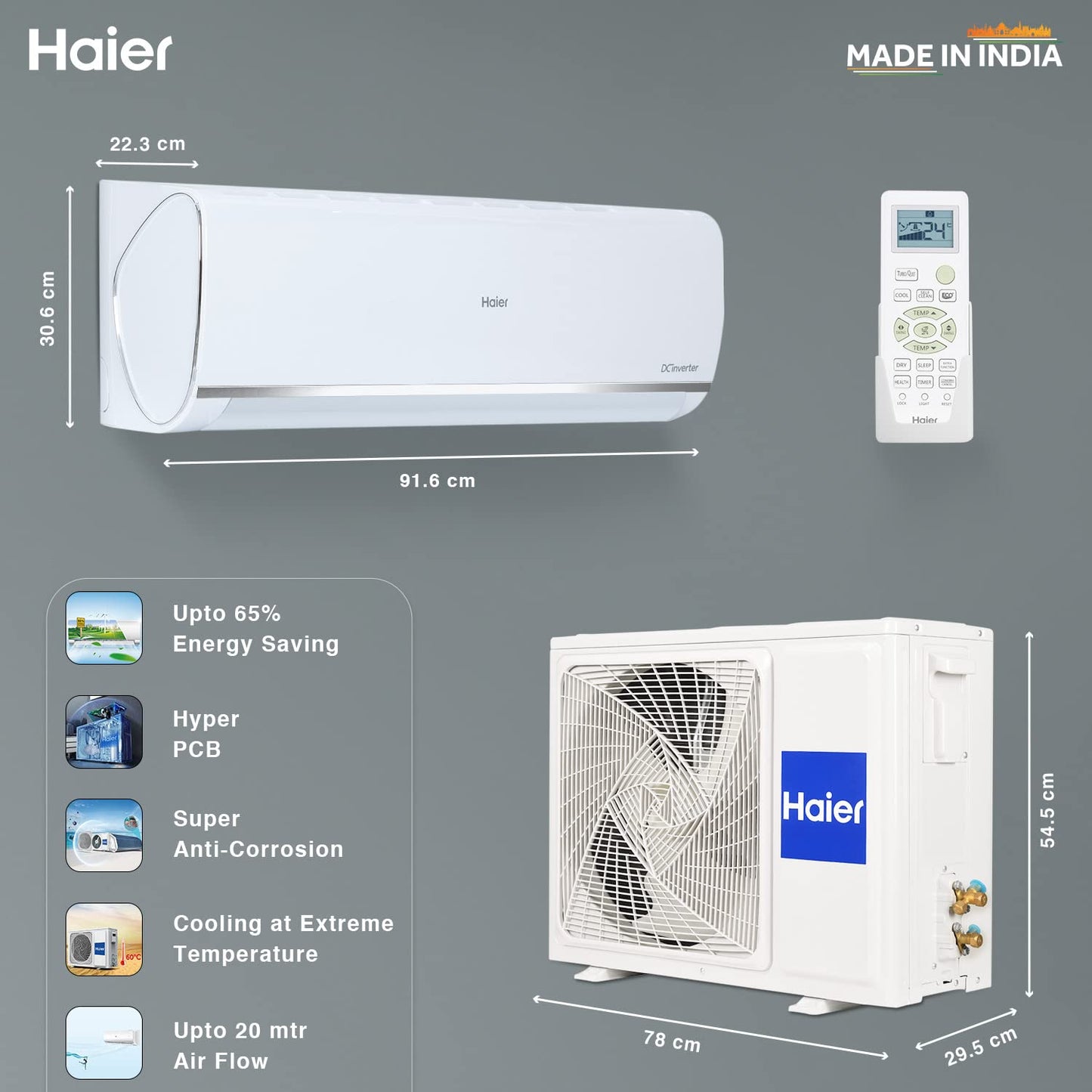 Haier 1.5 Ton 3 Star Inverter Split AC (Copper,Convertible 7 in 1 Cooling Modes, Antibacterial Filter, HSU18K-PYS3BE1-INV, White)