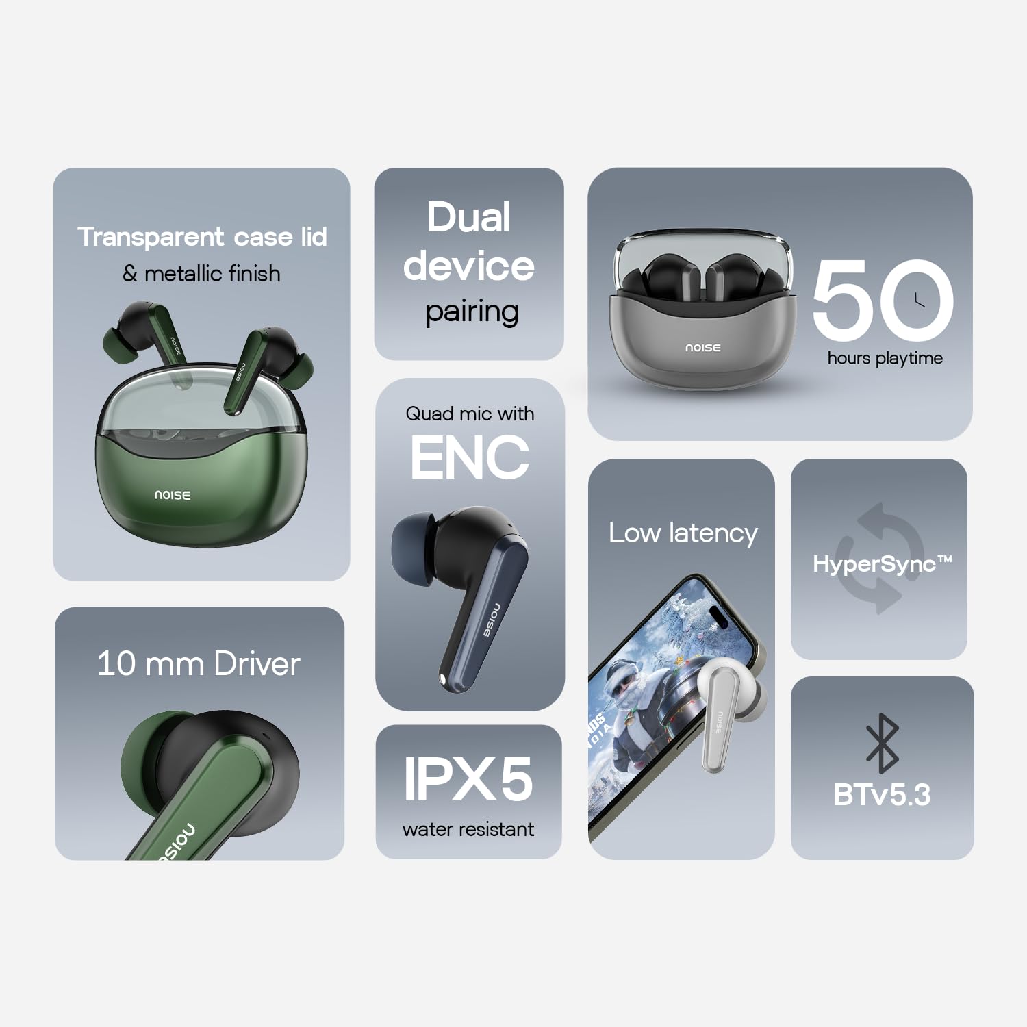 Noise Buds VS601 in-Ear Truly Wireless Earbuds with 50H of Playtime, Transparent case lid, Quad mic ENC, Dual Device Pairing, 10mm Driver, BT v5.3 (Graphite Black)