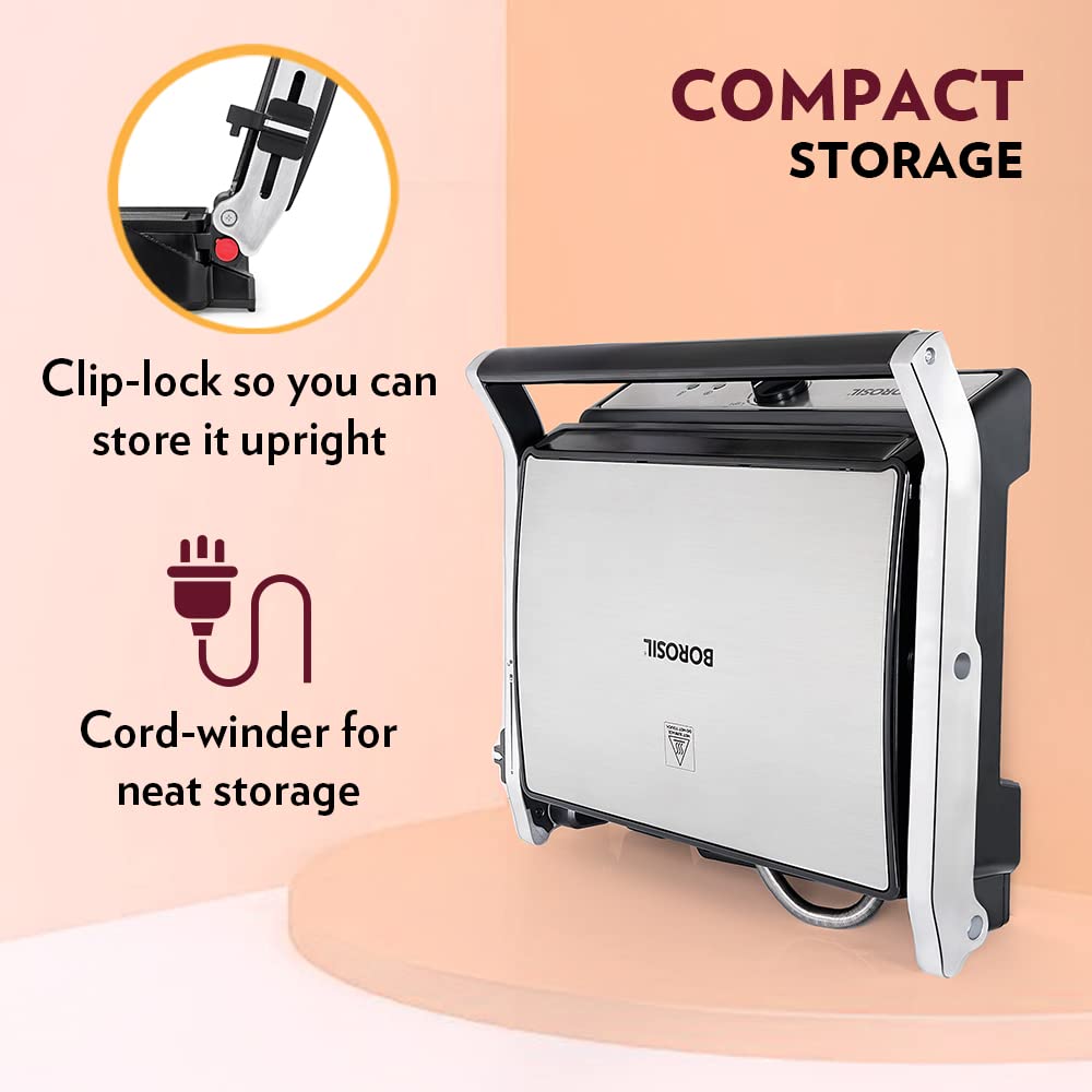 Borosil Jumbo Grill Sandwich Maker | Can Make 4 Sandwich At a Time | Electric Toaster Maker | Non-Stick Coating Plates Opens to 180°, BPA & PTFE Free | Power Indicators | 2 Year Warranty (2000W)