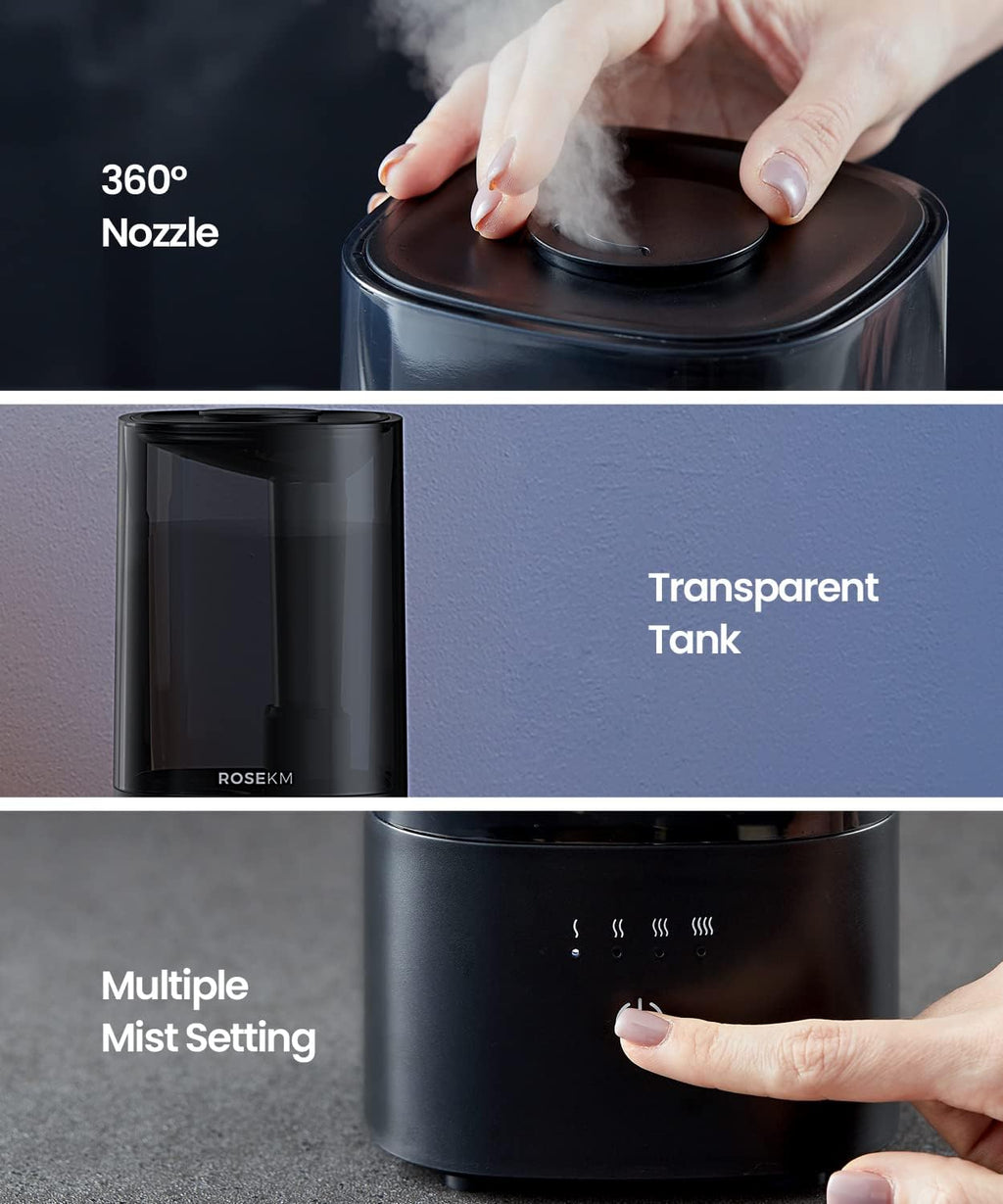 ROSEKM Cool Mist Ultrasonic Humidifier, 2.0L Humidifiers for Bedroom and Baby Nursery, Small Quiet Air Humidifier, Ultrasonic, Auto Shut-Off, 360° Nozzle