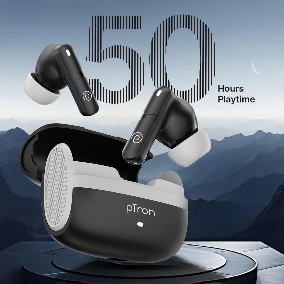 pTron Bassbuds Blaze in-Ear TWS Earbuds w/ 13mm Drivers, 50Hrs Playtime, AI-ENC Clear Calls, Bluetooth V5.4 Wireless Headphones, Touch Control, Voice Assistant, Type C Charging & IPX5 (Black & Grey)