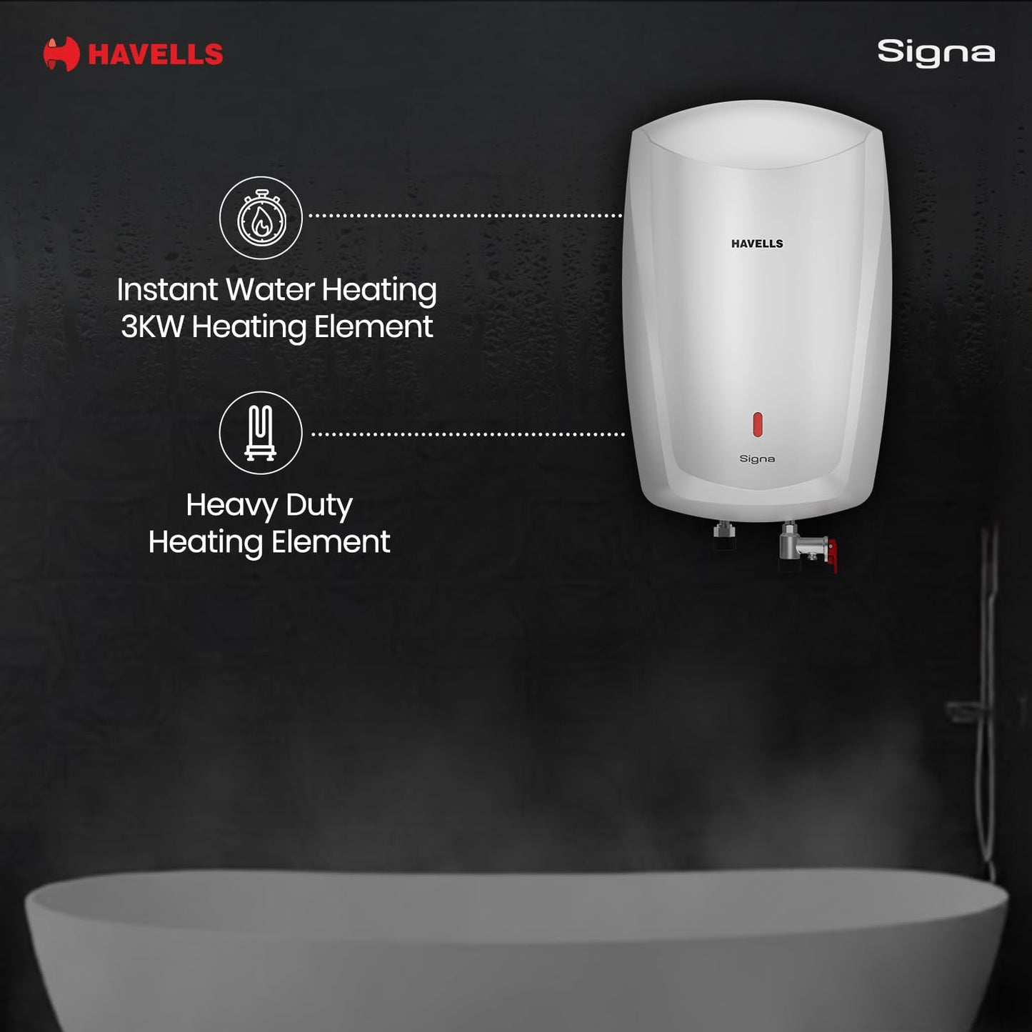 Havells Signa 5 Litre Instant Water Heater(Geyser)| Twin LED Indicator| Rust and Shock Proof Body| ISI Marked| Fire Retardant Power Cord| Warranty: 5 year on inner tank & 2 year comprehensive (White)