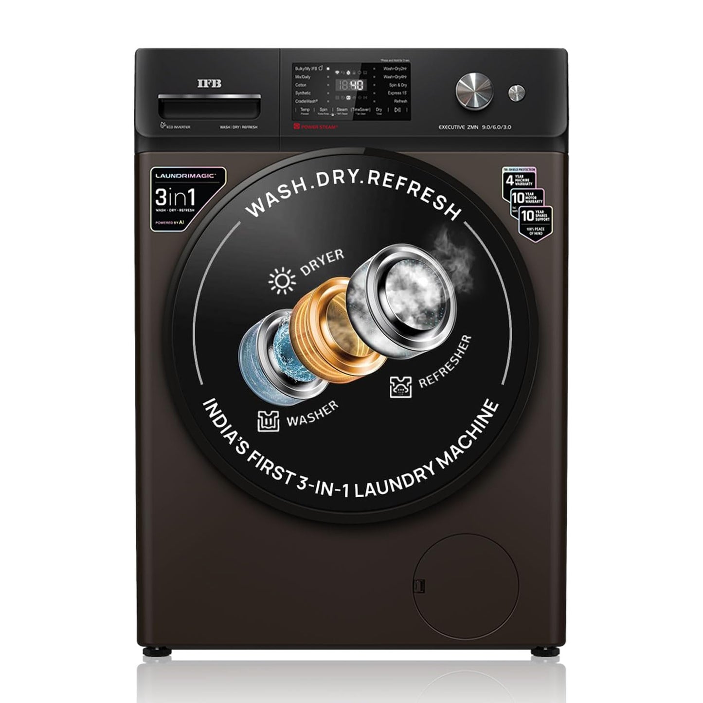 IFB 9/6/3 kg Fully Automatic Washer Dryer Refresher with Steam Refresh, AI Powered, 100% Dry Clothes, 9 Swirl Wash Mimic Handwashing, WiFi & Eco Inverter Motor (WDR Executive ZMN, Mocha)