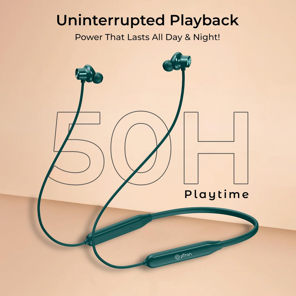 pTron Tangent Rush w/ 50Hrs Playtime, Pristine Sound, Dual-Device Pairing, Bluetooth 5.4 Wireless in-Ear Earphones with Mic, Voice Assistant, Type-C Fast Charging & IPX5 Water Resistant (Green)