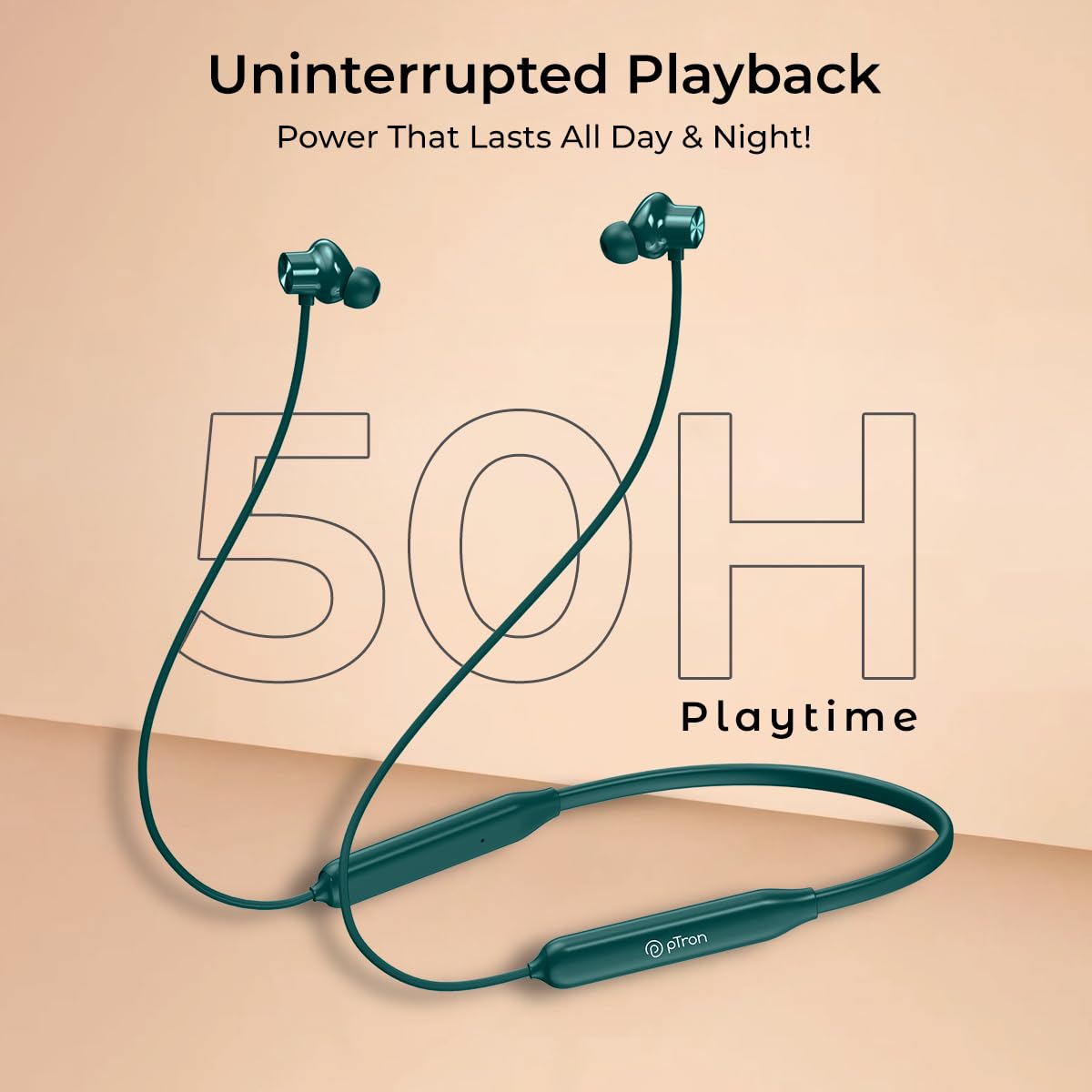 pTron Tangent Rush w/ 50Hrs Playtime, Pristine Sound, Dual-Device Pairing, Bluetooth 5.4 Wireless in-Ear Earphones with Mic, Voice Assistant, Type-C Fast Charging & IPX5 Water Resistant (Green)